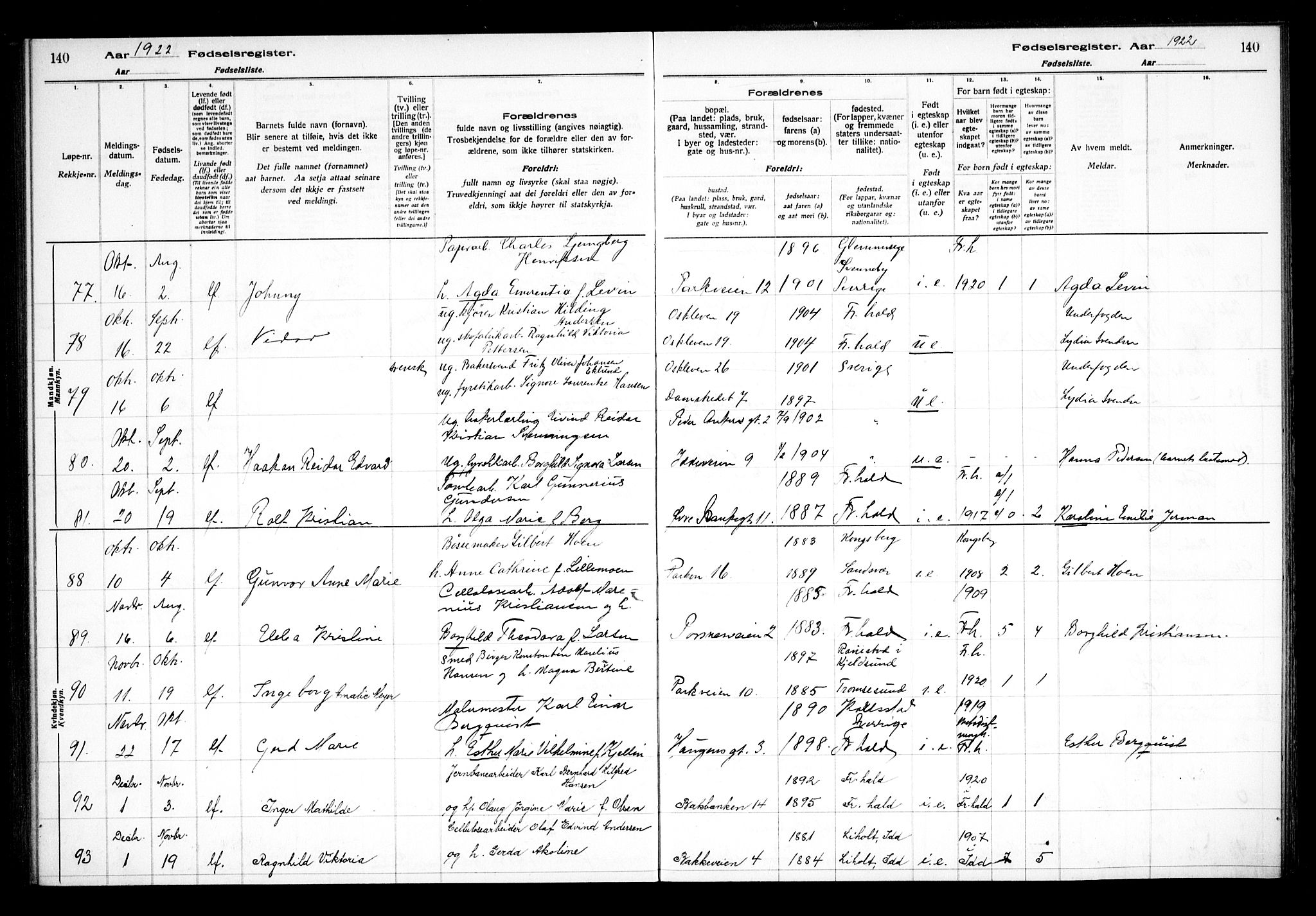 Halden prestekontor Kirkebøker, SAO/A-10909/J/Ja/L0001: Fødselsregister nr. I 1, 1916-1925, s. 140