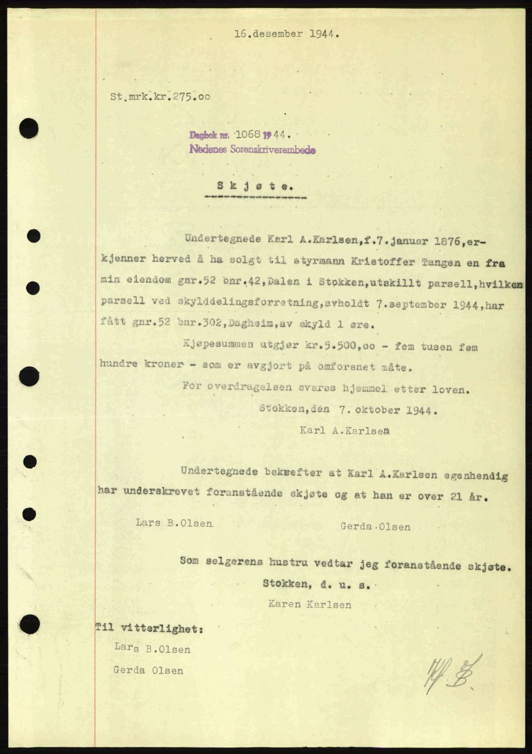 Nedenes sorenskriveri, SAK/1221-0006/G/Gb/Gba/L0052: Pantebok nr. A6a, 1944-1945, Dagboknr: 1068/1944