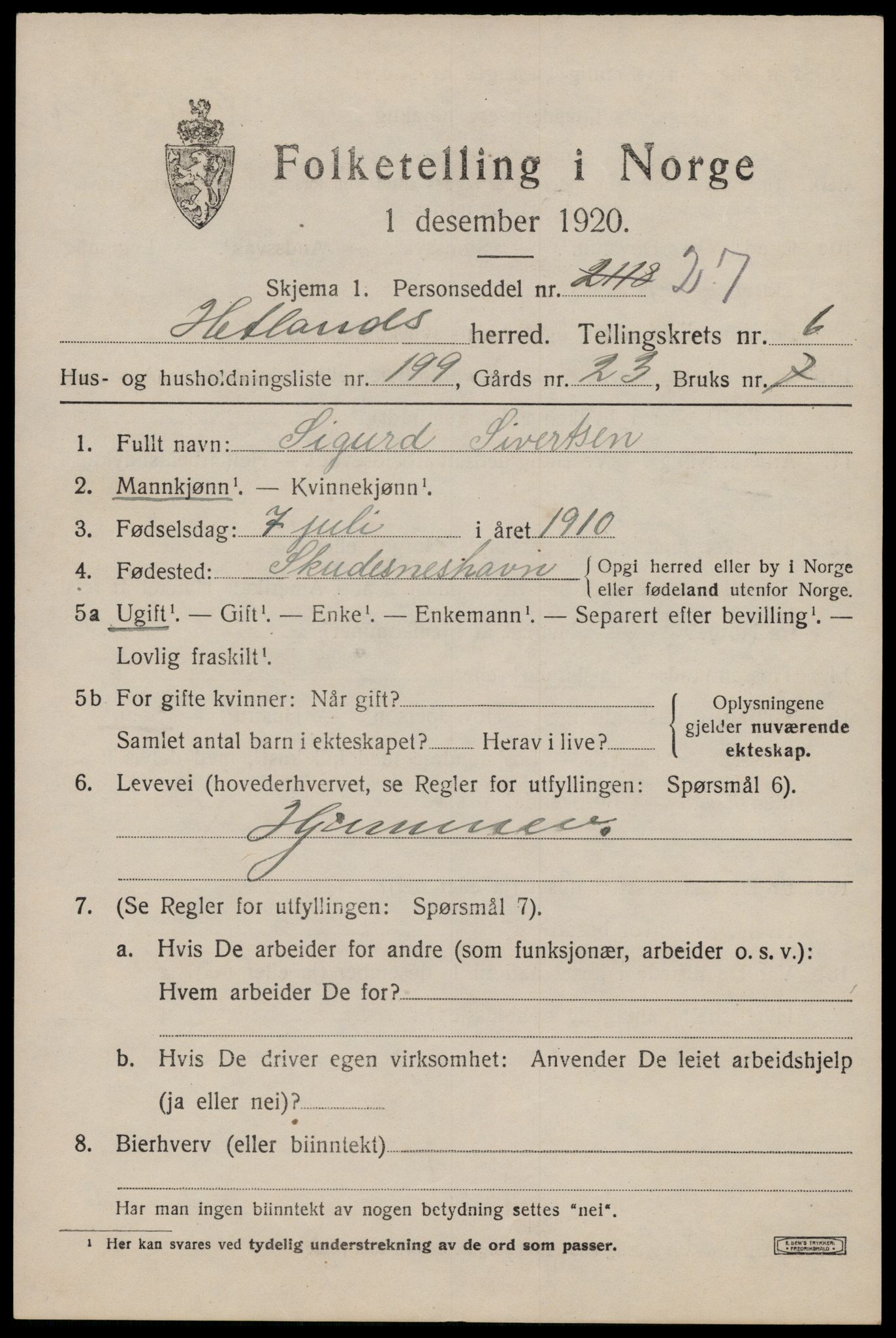SAST, Folketelling 1920 for 1126 Hetland herred, 1920, s. 13679