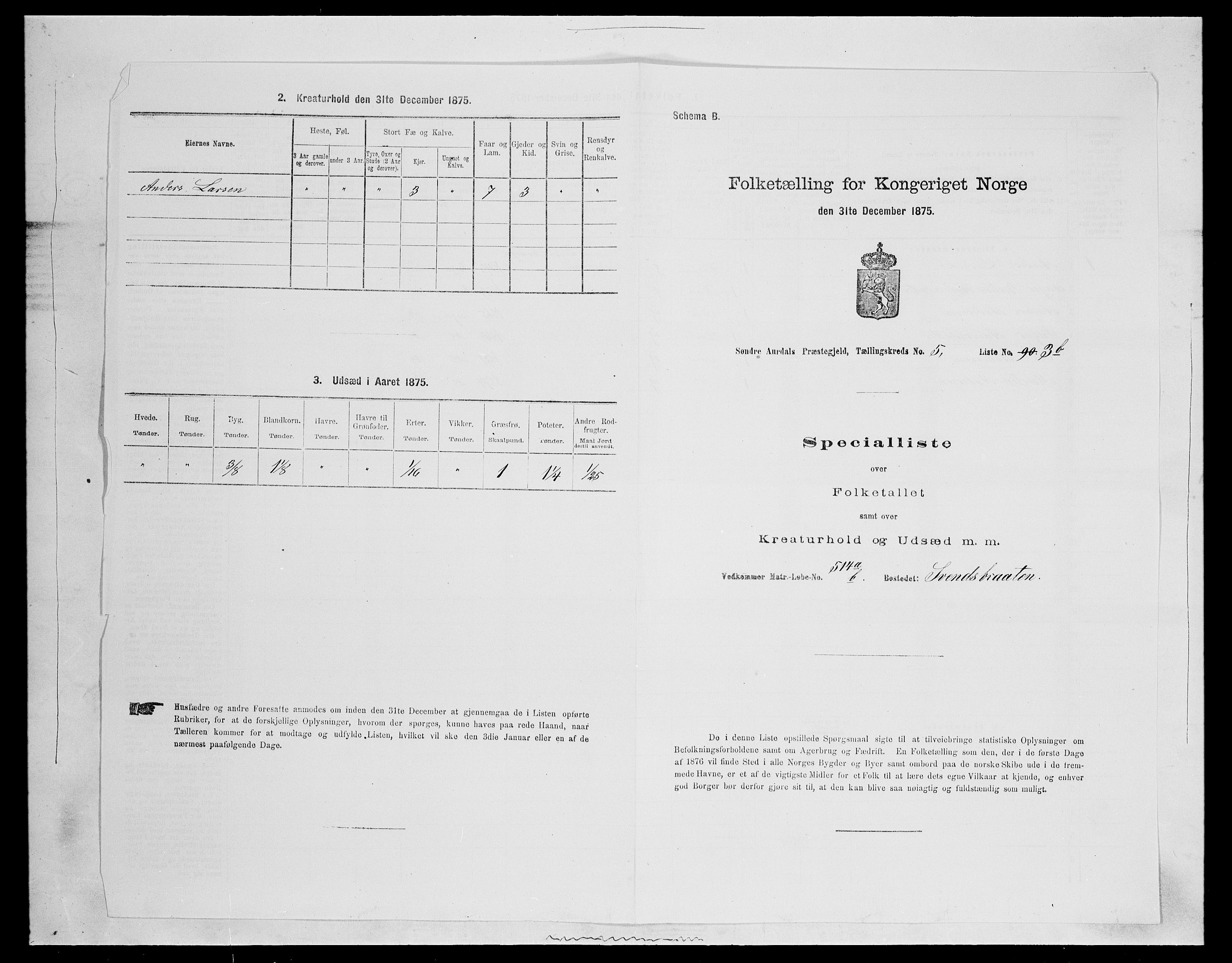 SAH, Folketelling 1875 for 0540P Sør-Aurdal prestegjeld, 1875, s. 923