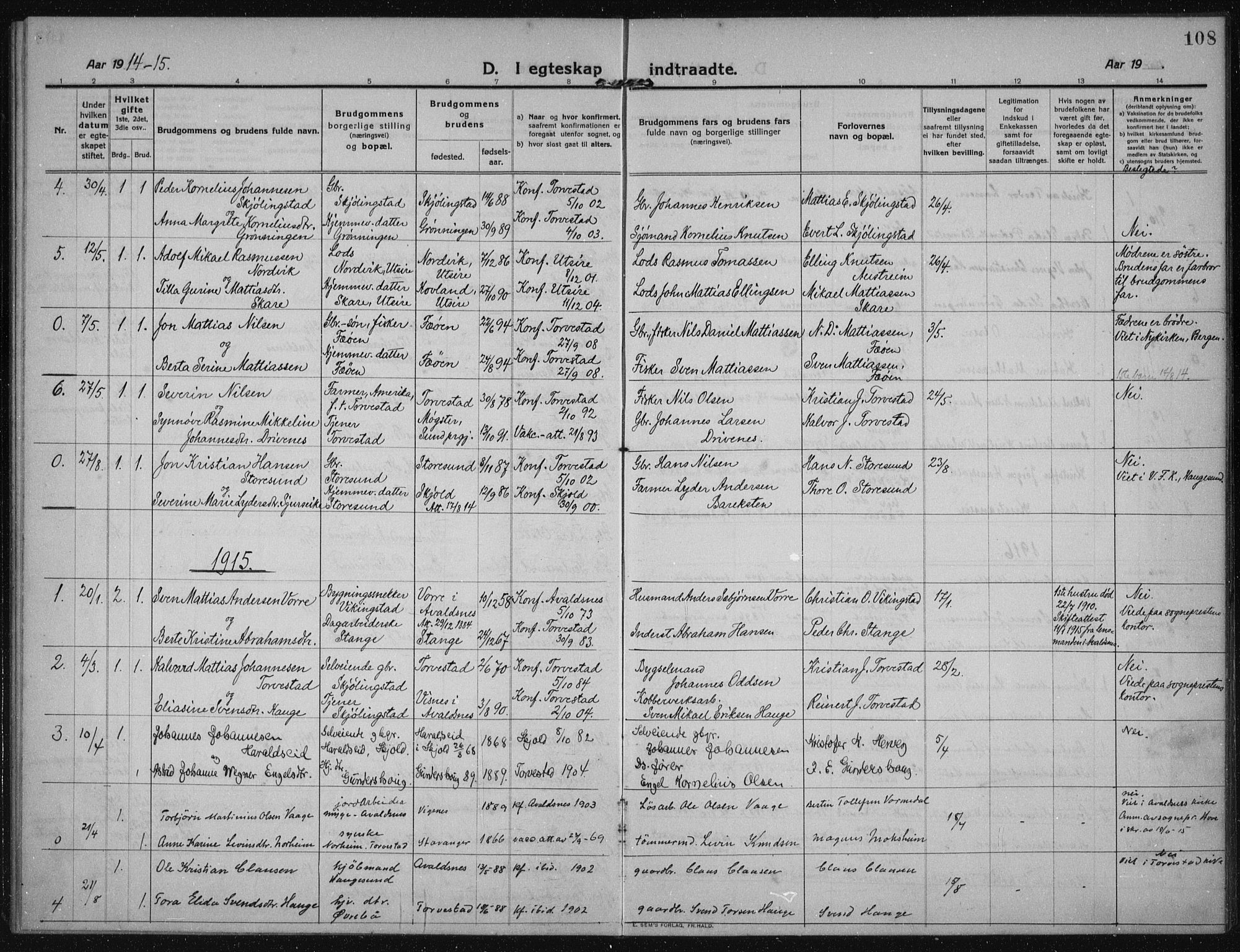 Torvastad sokneprestkontor, AV/SAST-A -101857/H/Ha/Haa/L0019: Ministerialbok nr. A 18, 1912-1920, s. 108