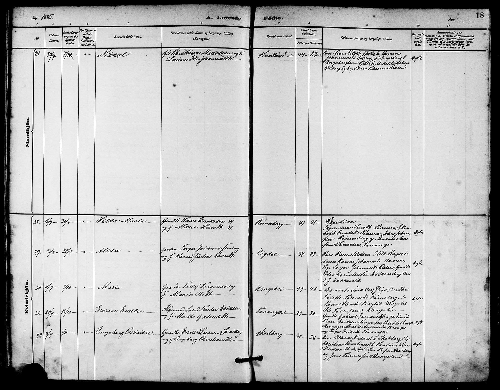 Håland sokneprestkontor, AV/SAST-A-101802/001/30BA/L0010: Ministerialbok nr. A 9, 1883-1888, s. 18