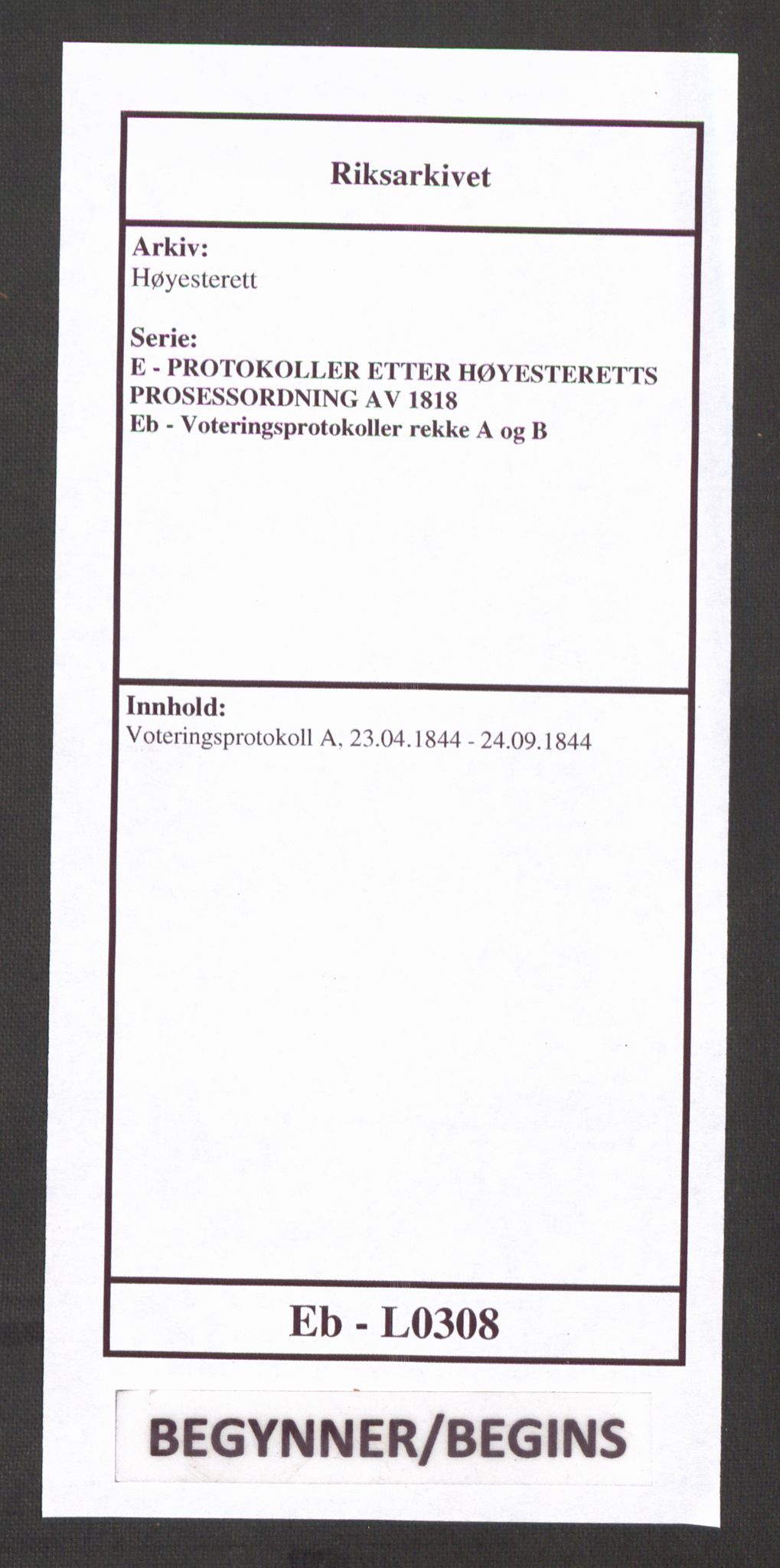 Høyesterett, RA/S-1002/E/Eb/Ebb/L0038/0001: Voteringsprotokoller / Voteringsprotokoll, 1844