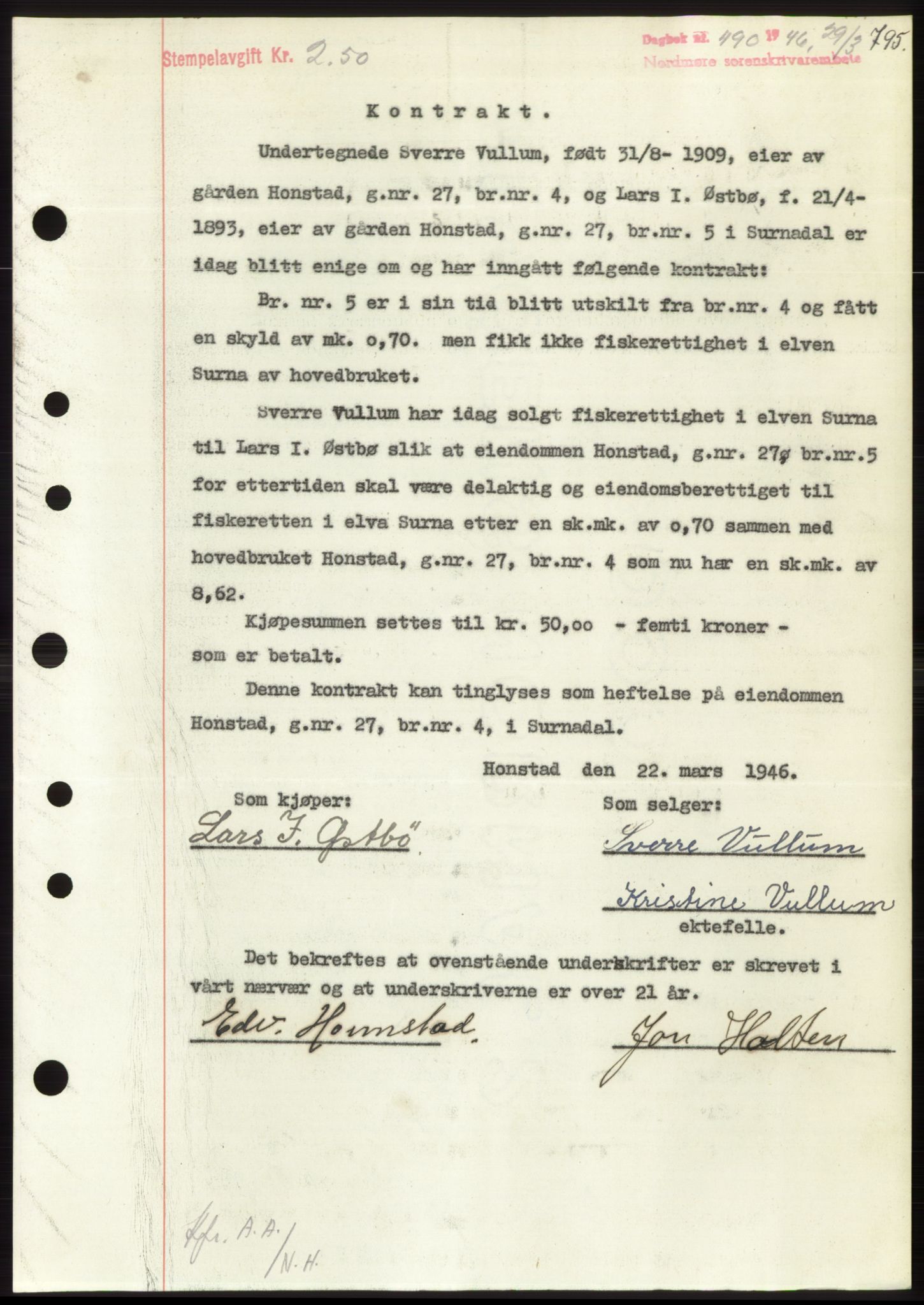 Nordmøre sorenskriveri, SAT/A-4132/1/2/2Ca: Pantebok nr. B93b, 1946-1946, Dagboknr: 490/1946