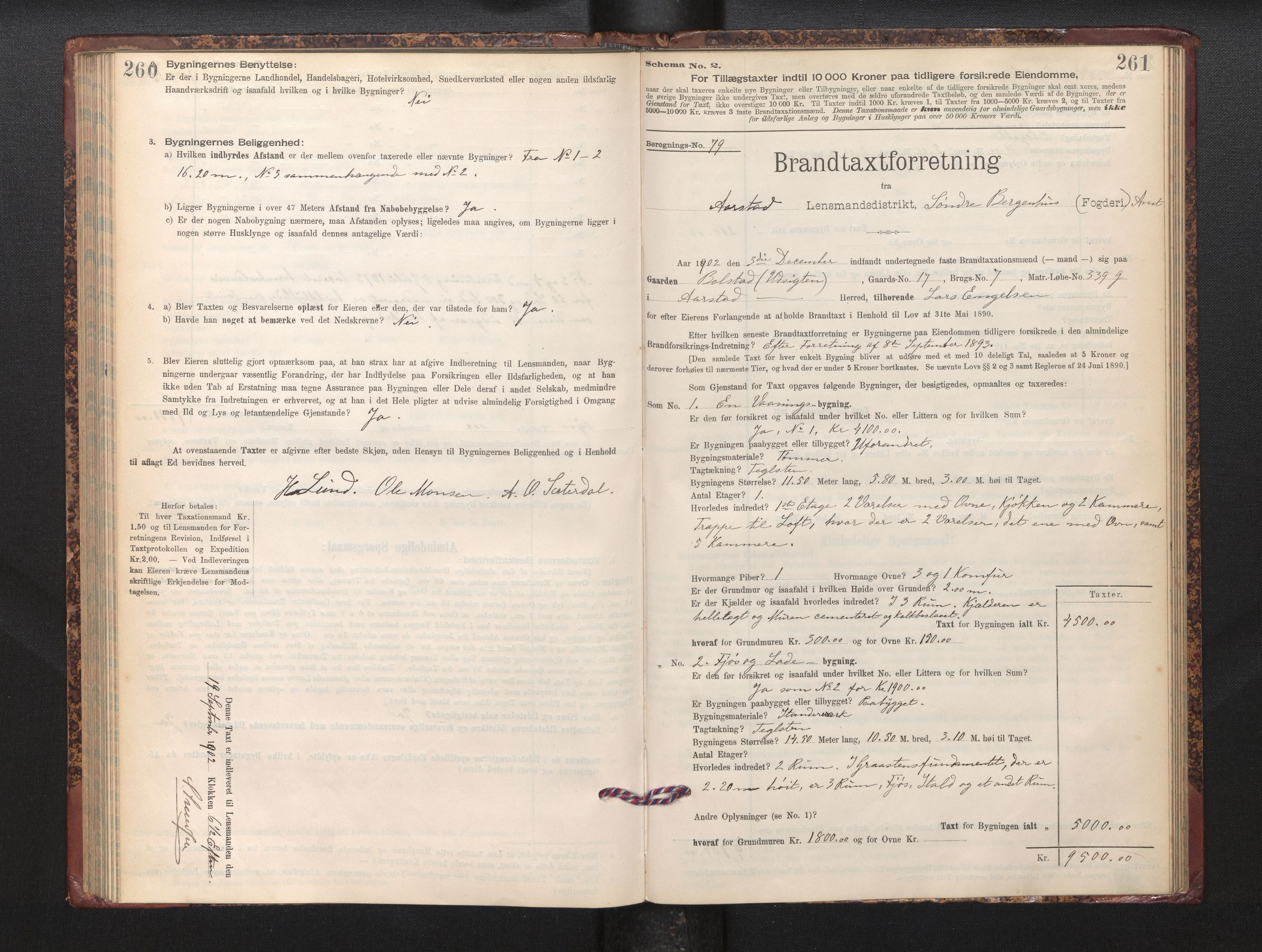 Lensmannen i Årstad, AV/SAB-A-36201/0012/L0012: Branntakstprotokoll,skjematakst, 1898-1906, s. 260-261