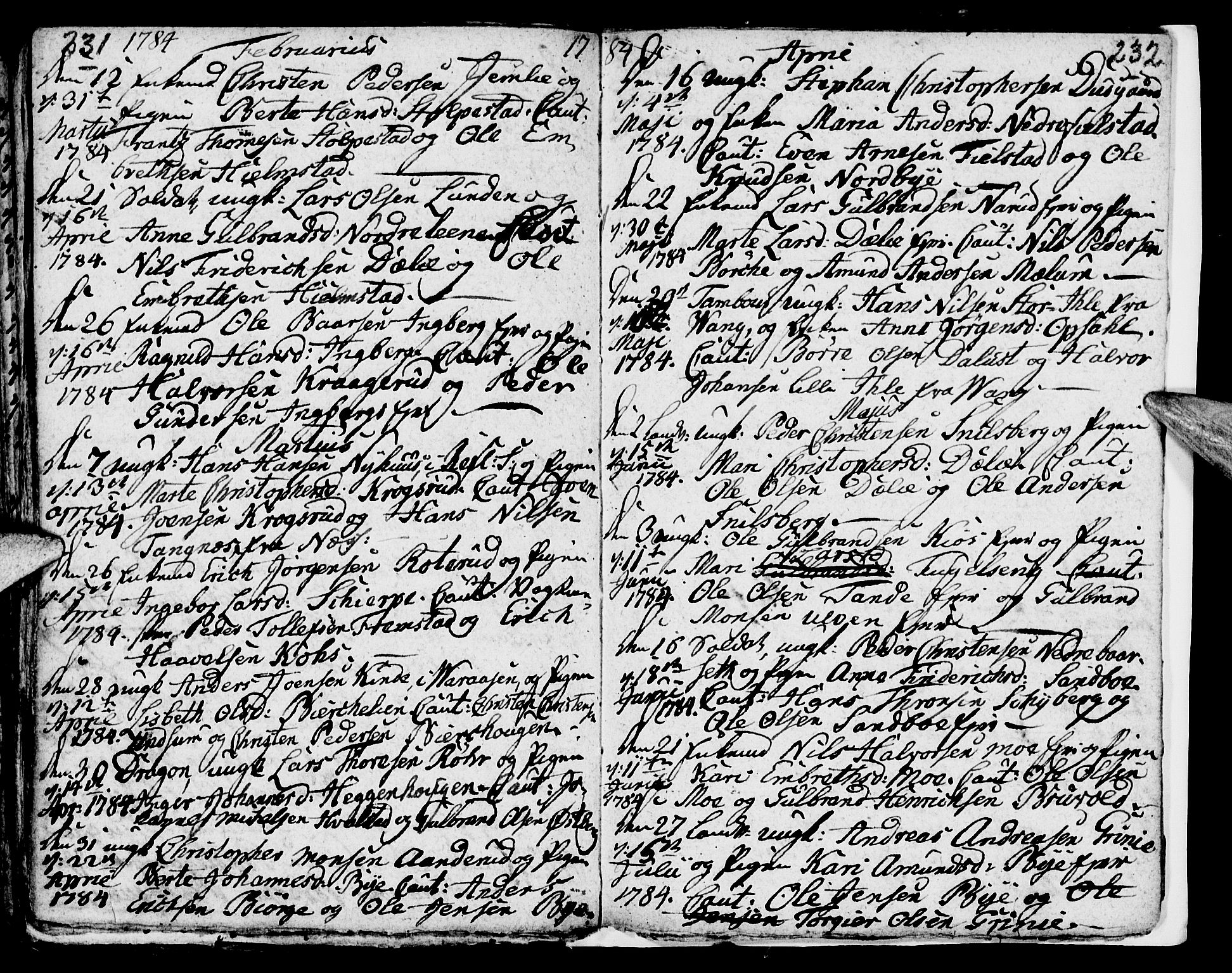 Ringsaker prestekontor, AV/SAH-PREST-014/I/Ia/L0005/0003: Kladd til kirkebok nr. 5.3, 1780-1784, s. 231-232