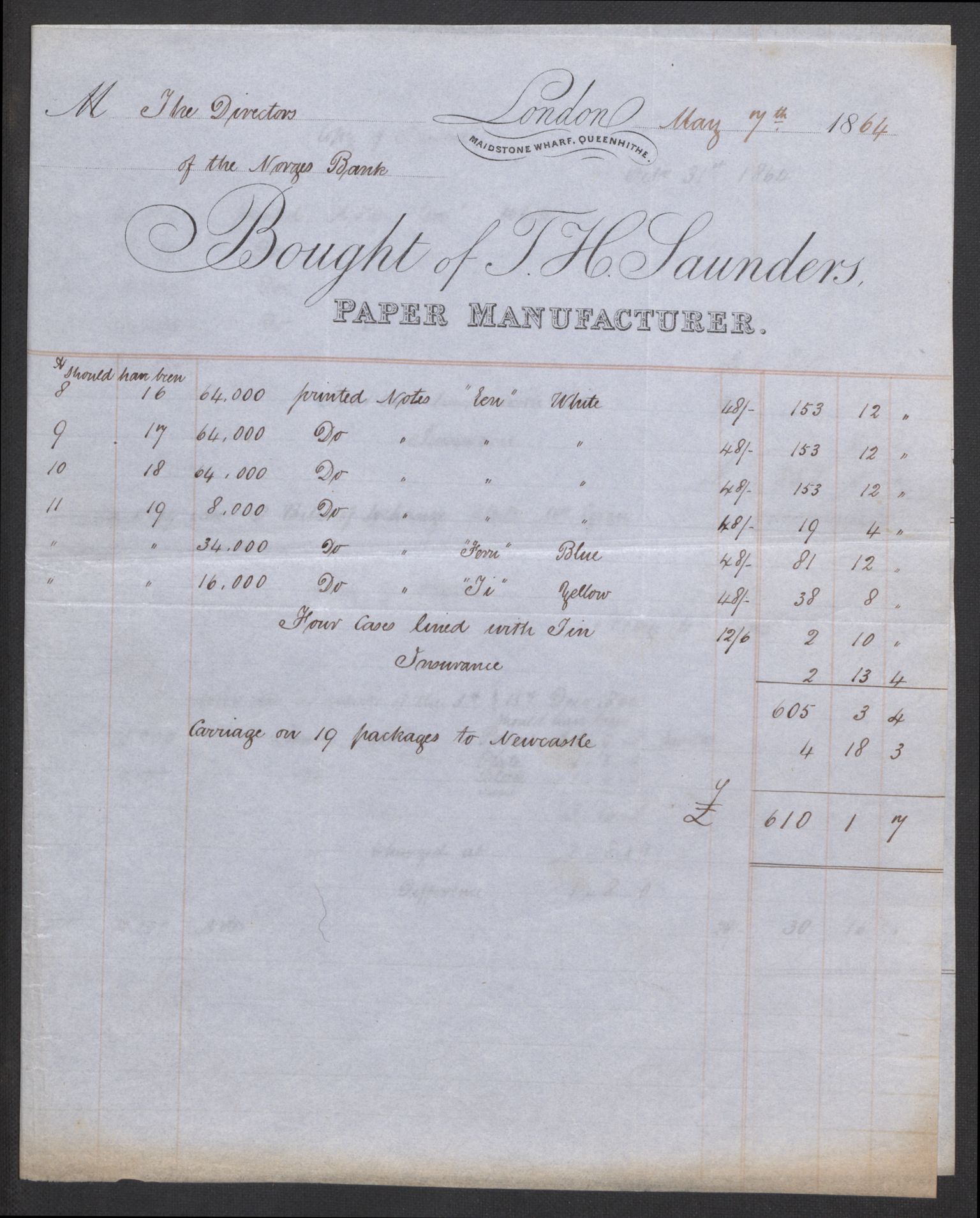 Norges Bank, Direksjonsarkivet III, AV/RA-S-6187/D/Dd/L0007/0001: Korrespondanse vedrørende sedler og penger. / Seddeltrykkeriet. Korrespondanse T.H.  Saunders. London, 1864-1877