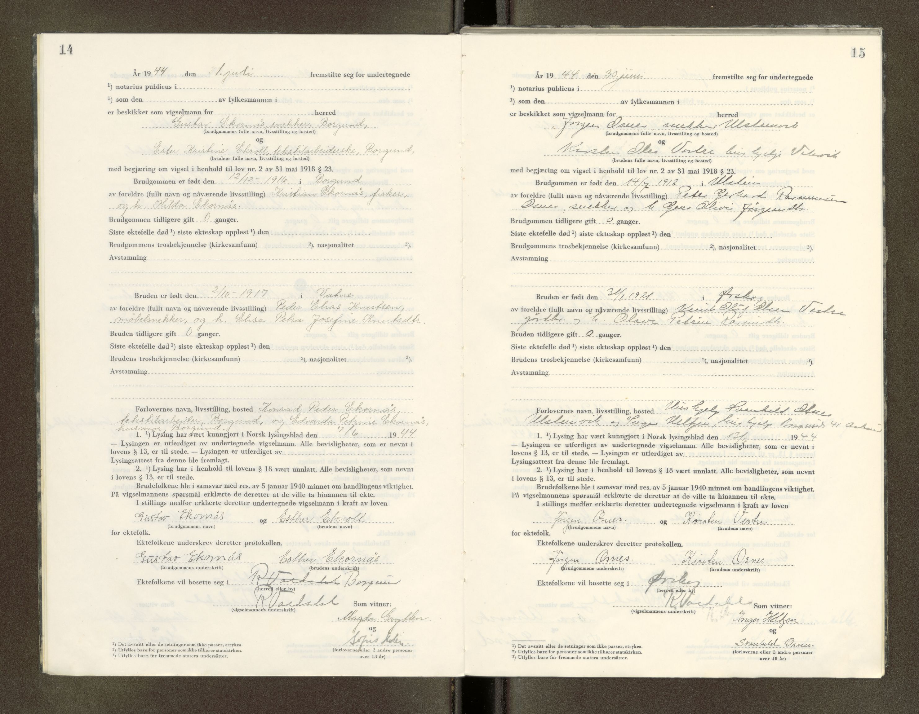 Nordre Sunnmøre sorenskriveri, AV/SAT-A-0006/1/6/6D/L0004: Lysningsbok, 1944-1945, s. 14-15