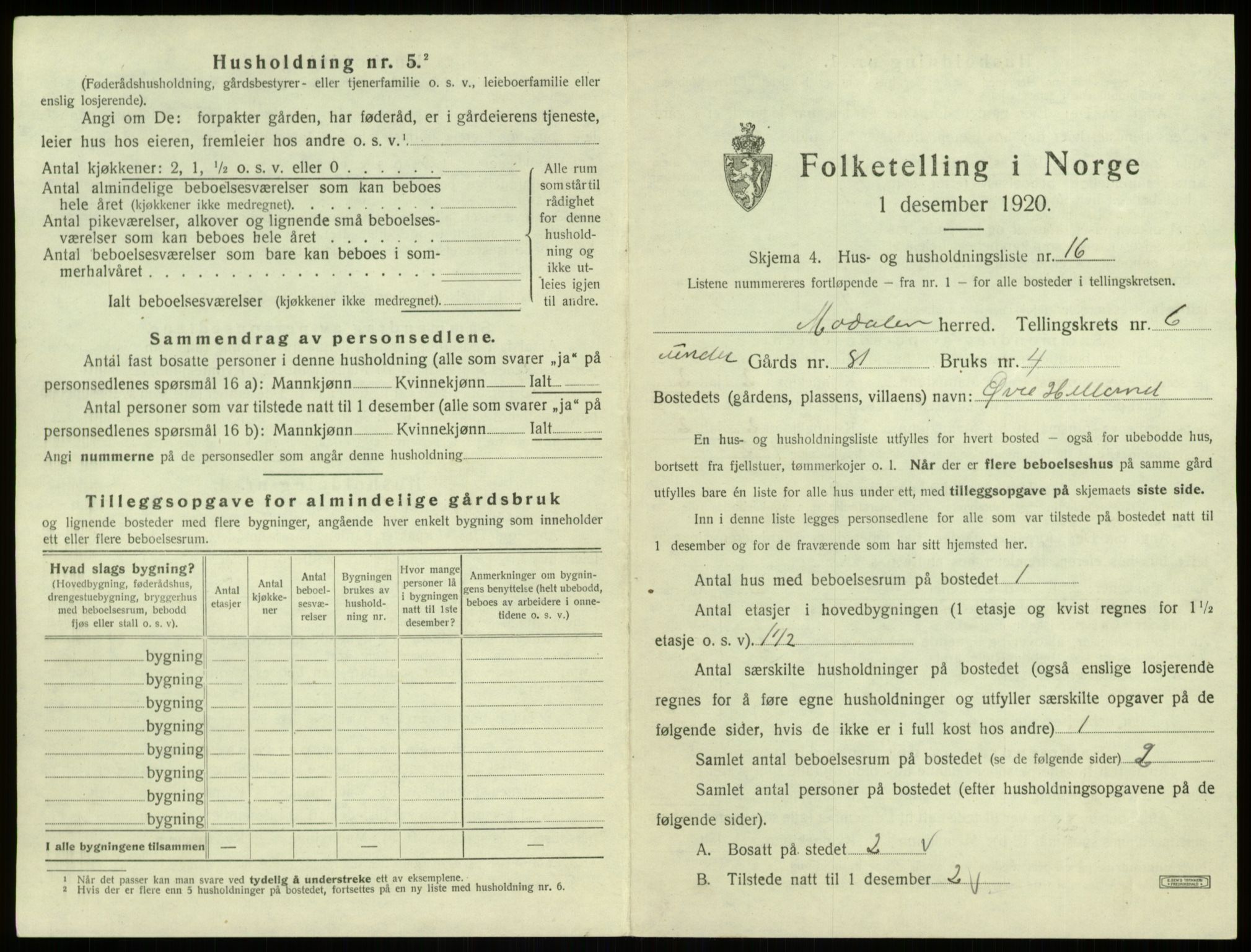 SAB, Folketelling 1920 for 1252 Modalen herred, 1920, s. 198