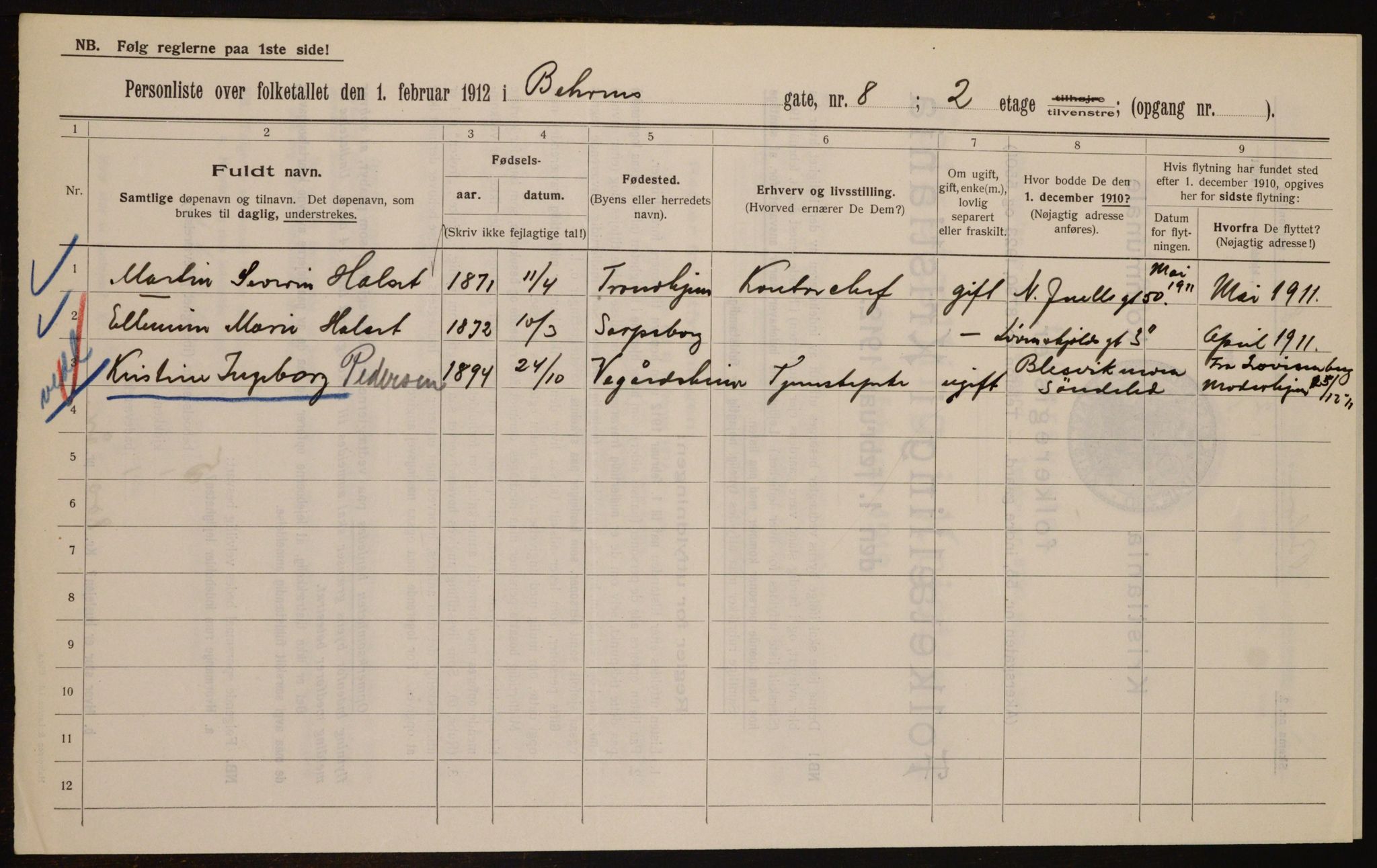 OBA, Kommunal folketelling 1.2.1912 for Kristiania, 1912, s. 3354