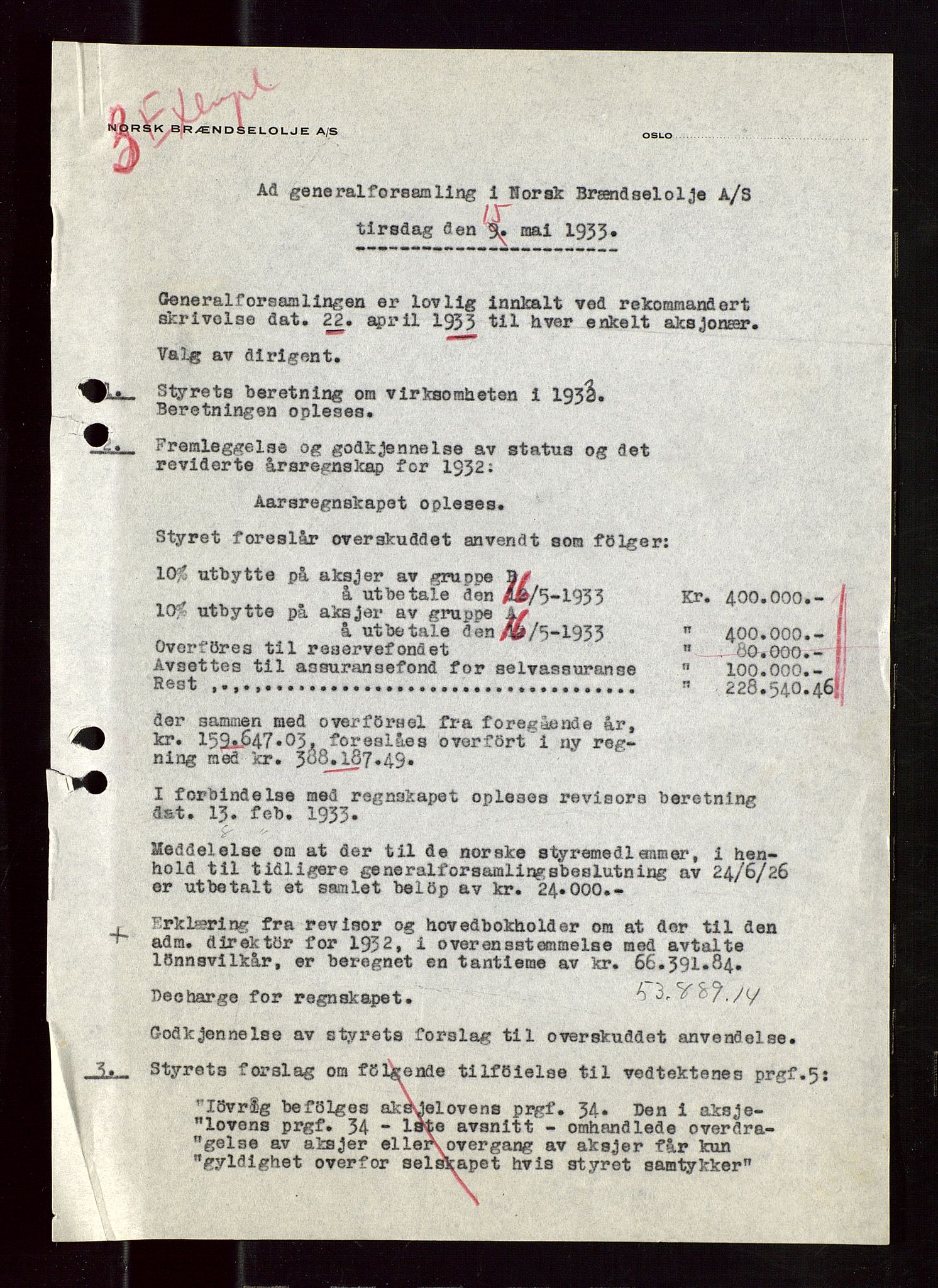 PA 1544 - Norsk Brændselolje A/S, SAST/A-101965/1/A/Aa/L0002/0002: Generalforsamling  / Generalforsamling 1933, 1934, 1933-1934, s. 3