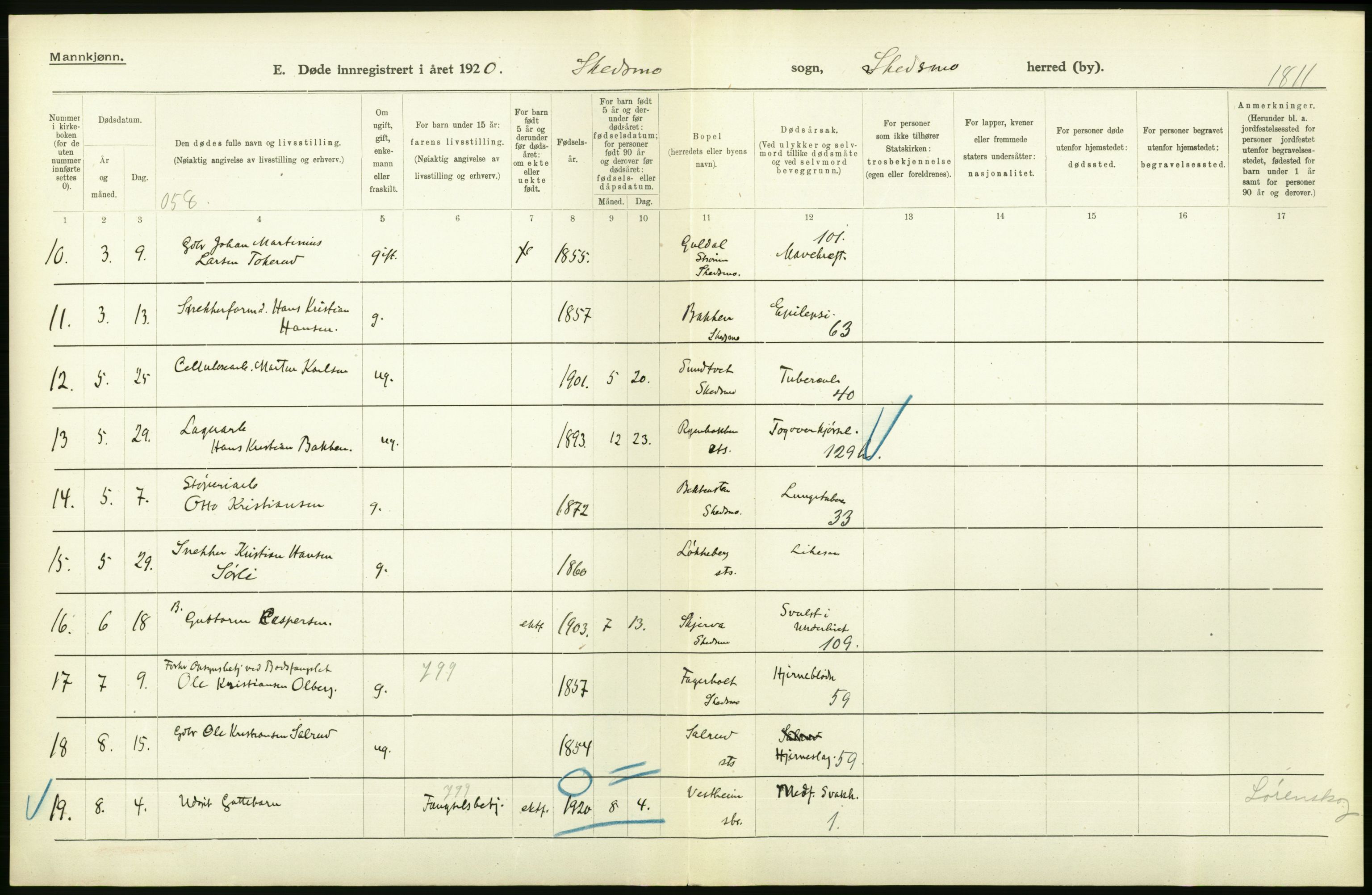 Statistisk sentralbyrå, Sosiodemografiske emner, Befolkning, RA/S-2228/D/Df/Dfb/Dfbj/L0007: Akershus fylke: Døde. Bygder og byer., 1920, s. 174