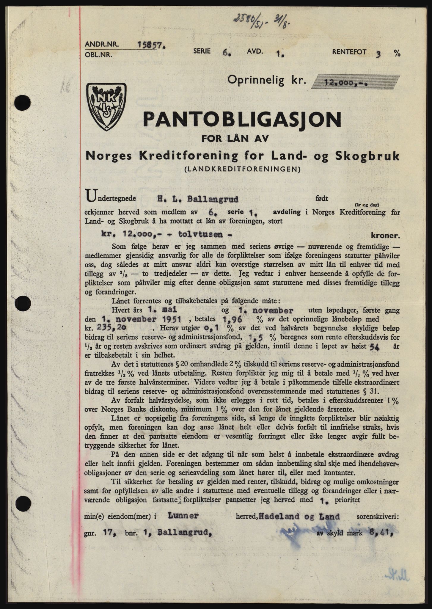 Hadeland og Land tingrett, SAH/TING-010/H/Hb/Hbc/L0022: Pantebok nr. B22, 1951-1951, Dagboknr: 2580/1951