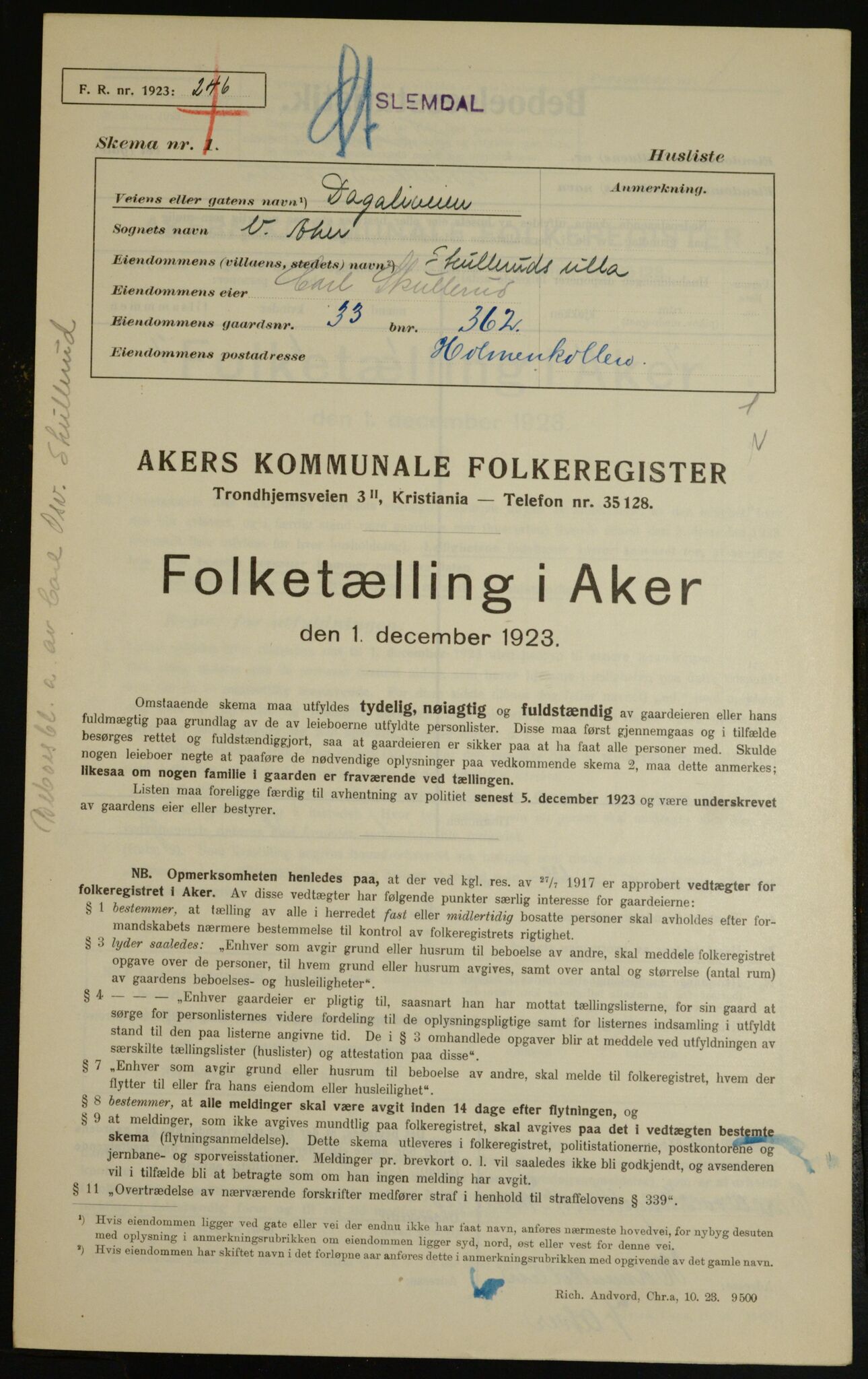 , Kommunal folketelling 1.12.1923 for Aker, 1923, s. 8844