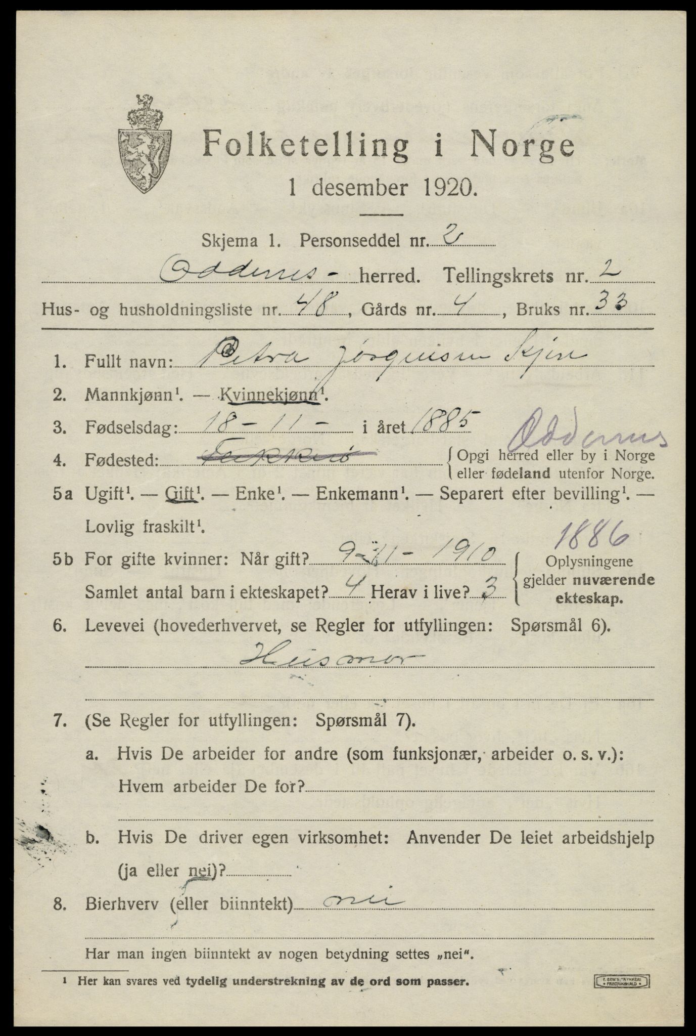 SAK, Folketelling 1920 for 1012 Oddernes herred, 1920, s. 3317