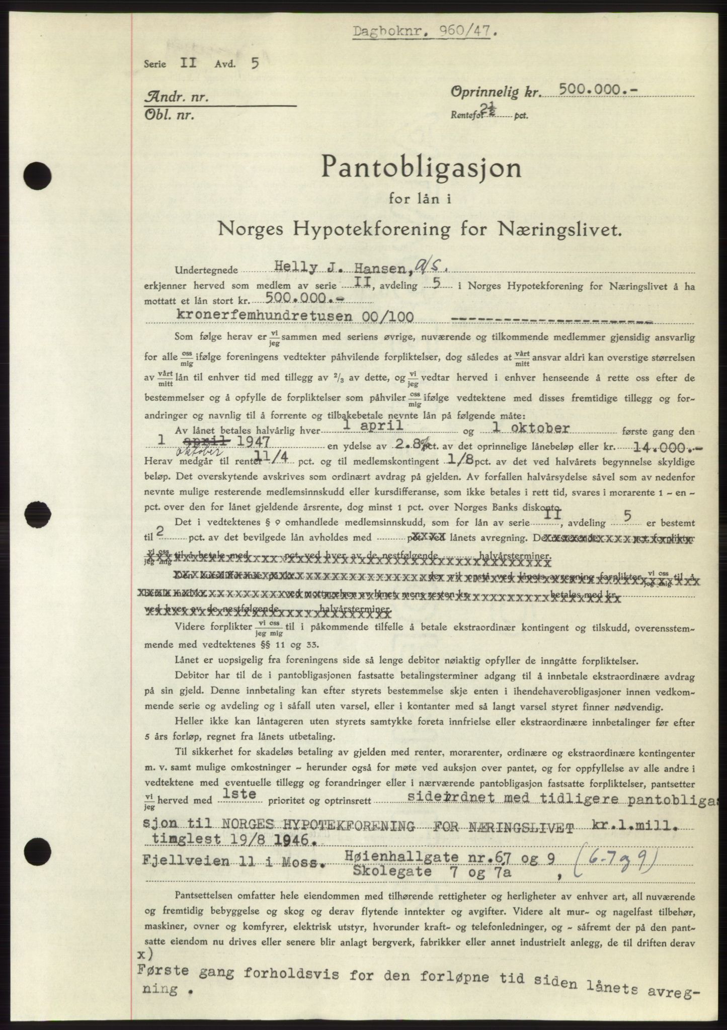 Moss sorenskriveri, SAO/A-10168: Pantebok nr. B17, 1947-1947, Dagboknr: 960/1947