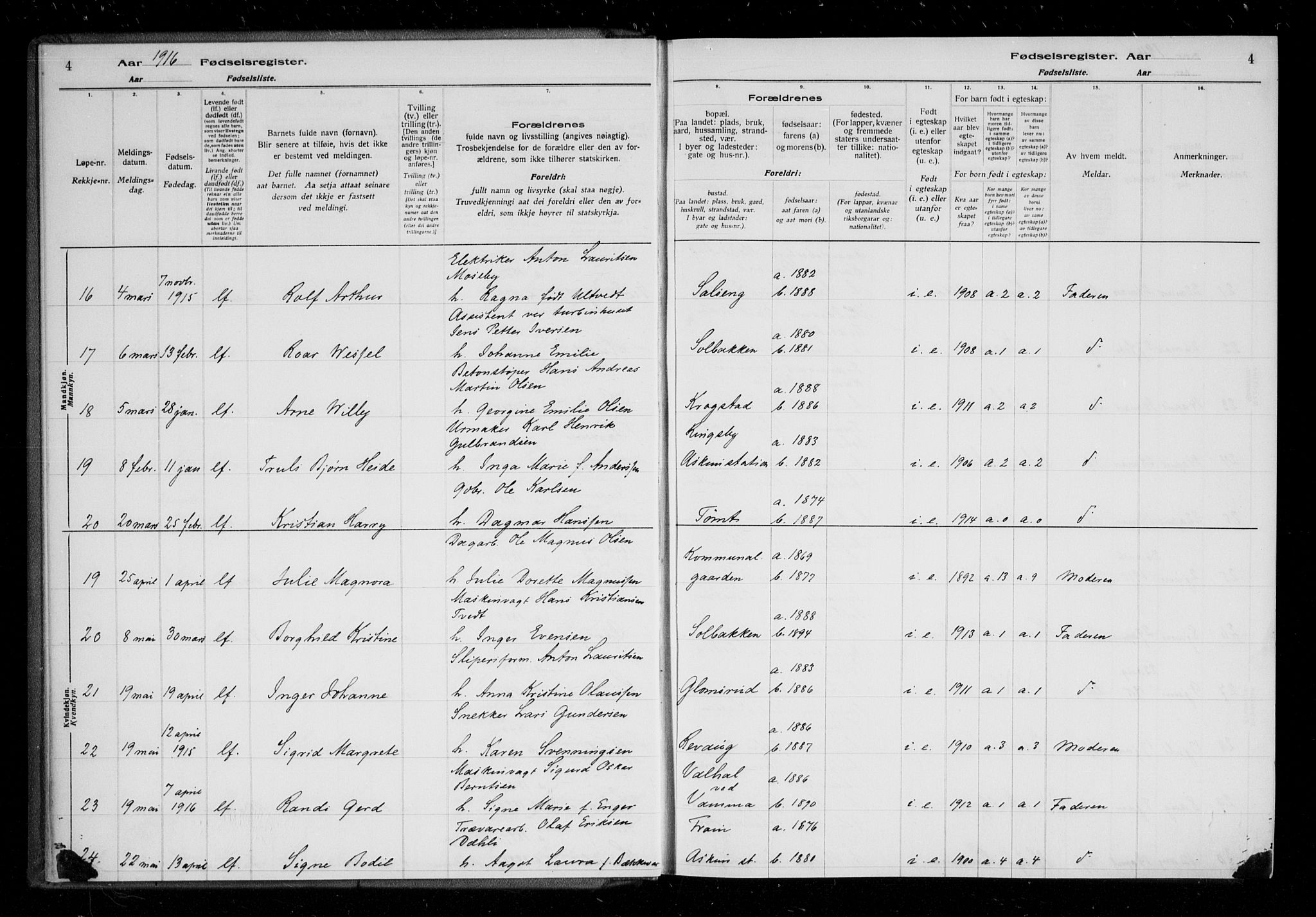 Askim prestekontor Kirkebøker, AV/SAO-A-10900/J/Ja/L0001: Fødselsregister nr. 1, 1916-1929, s. 4