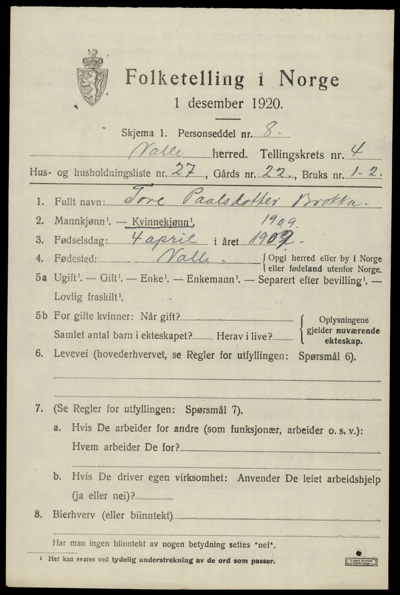 SAK, Folketelling 1920 for 0940 Valle herred, 1920, s. 2291
