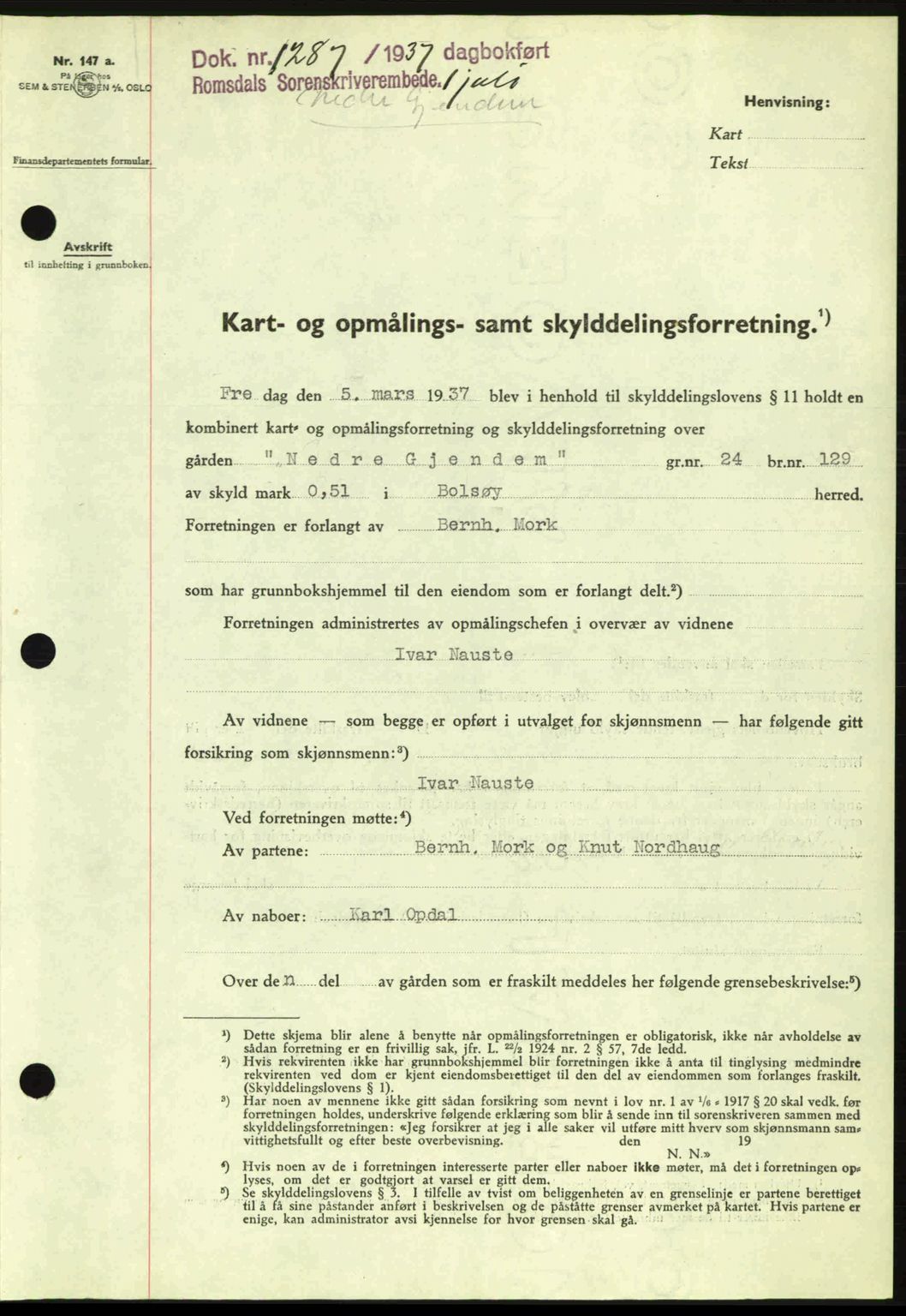 Romsdal sorenskriveri, SAT/A-4149/1/2/2C: Pantebok nr. A3, 1937-1937, Dagboknr: 1287/1937
