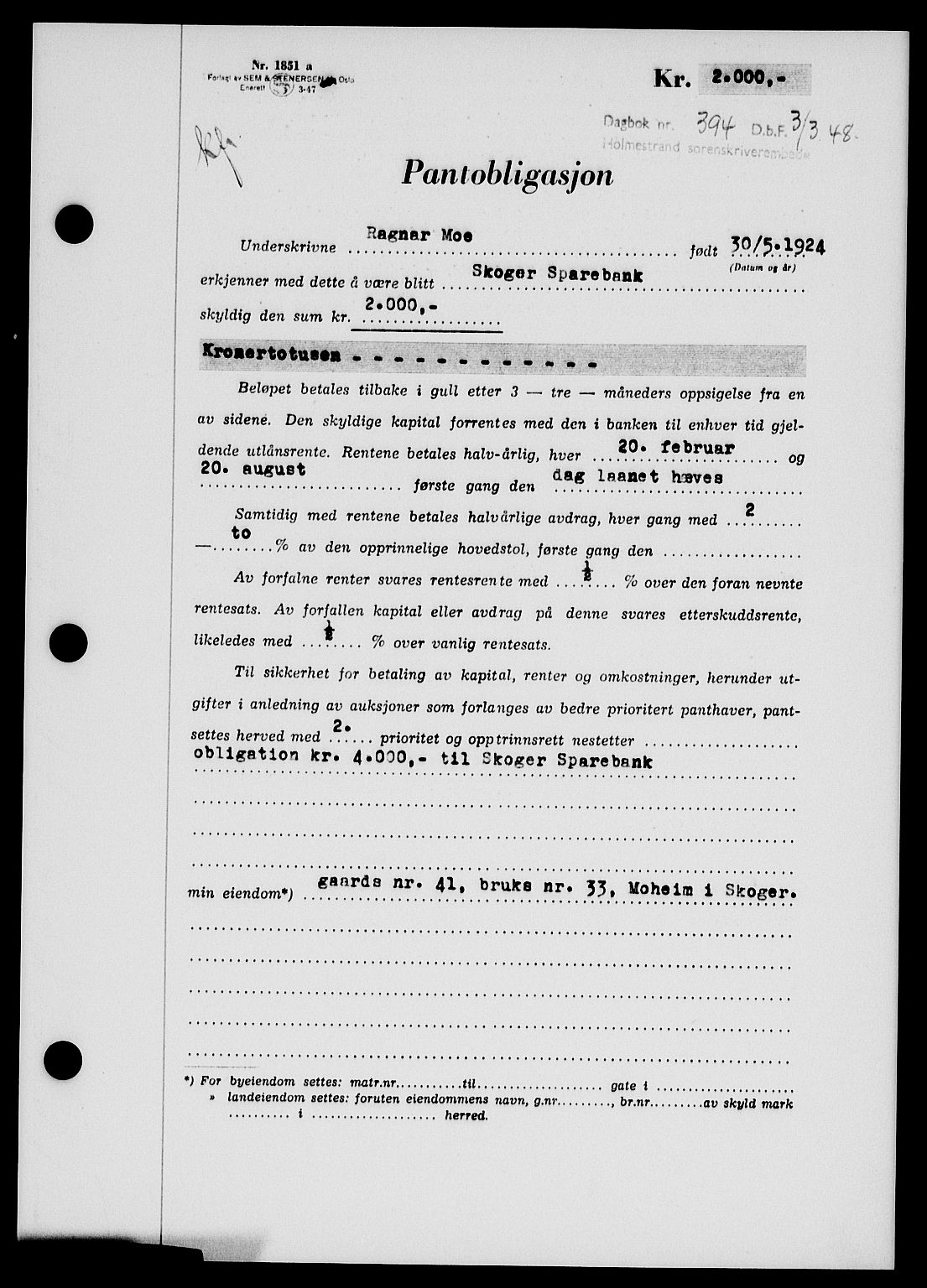 Holmestrand sorenskriveri, SAKO/A-67/G/Ga/Gab/L0058: Pantebok nr. B-58, 1947-1948, Dagboknr: 394/1948