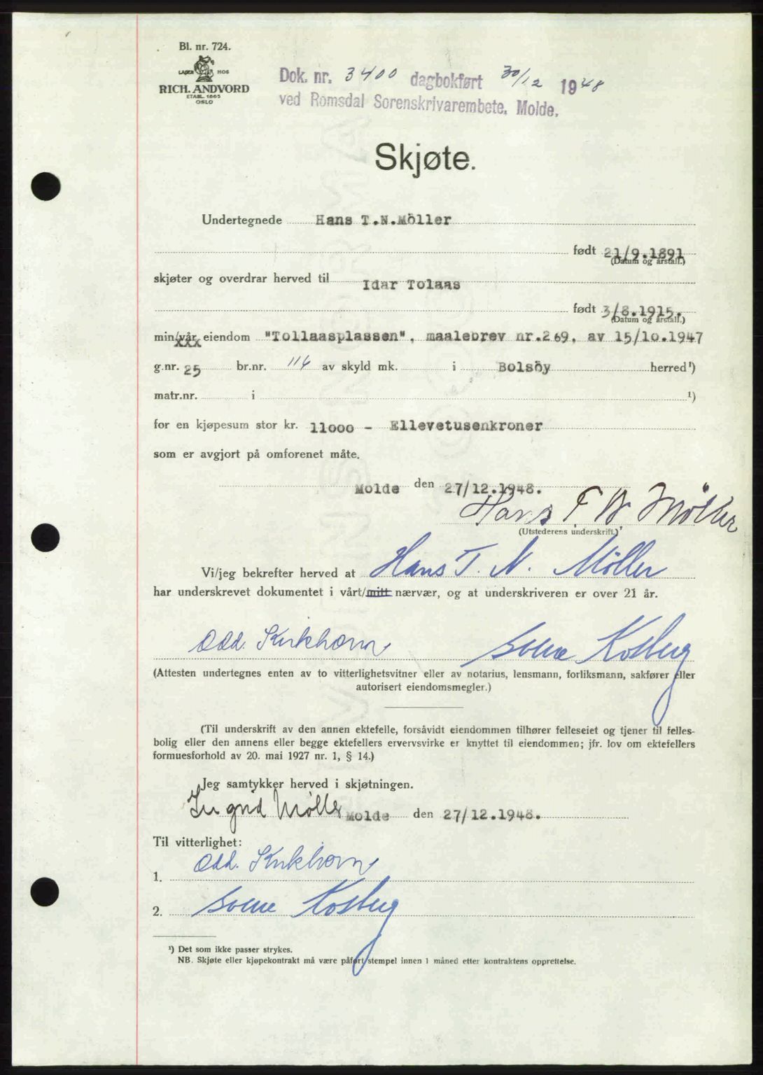 Romsdal sorenskriveri, AV/SAT-A-4149/1/2/2C: Pantebok nr. A28, 1948-1949, Dagboknr: 3400/1948