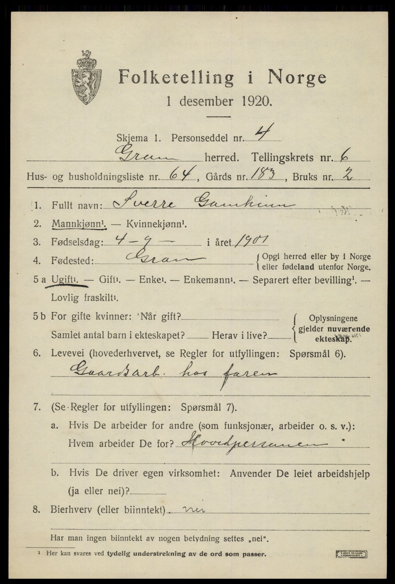 SAH, Folketelling 1920 for 0534 Gran herred, 1920, s. 9037