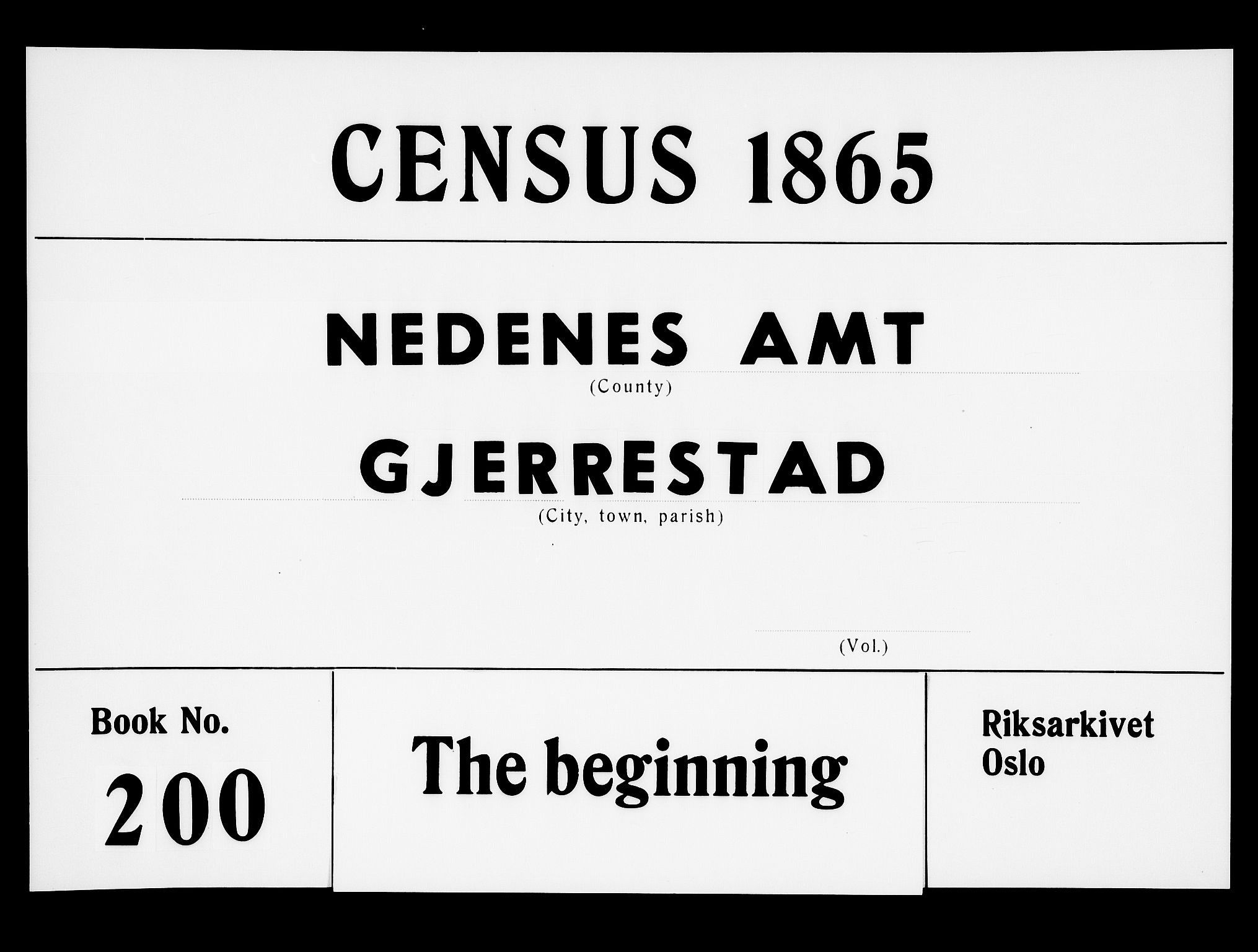 RA, Folketelling 1865 for 0911P Gjerstad prestegjeld, 1865, s. 1
