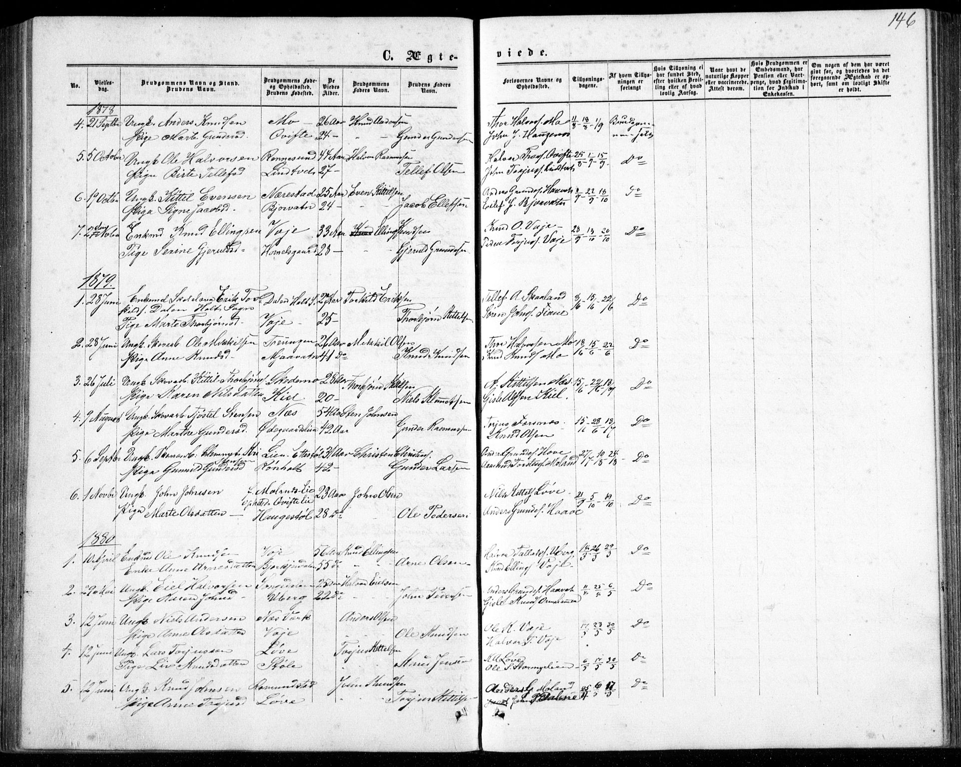 Gjerstad sokneprestkontor, SAK/1111-0014/F/Fb/Fbb/L0003: Klokkerbok nr. B 3, 1862-1889, s. 146