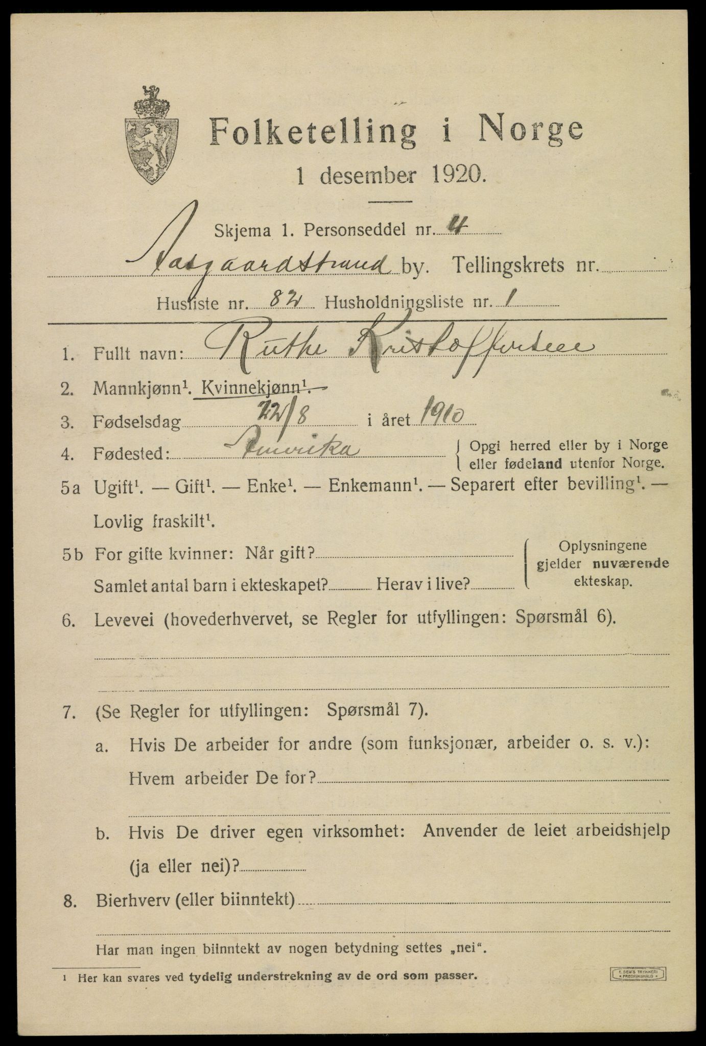 SAKO, Folketelling 1920 for 0704 Åsgårdstrand ladested, 1920, s. 1225