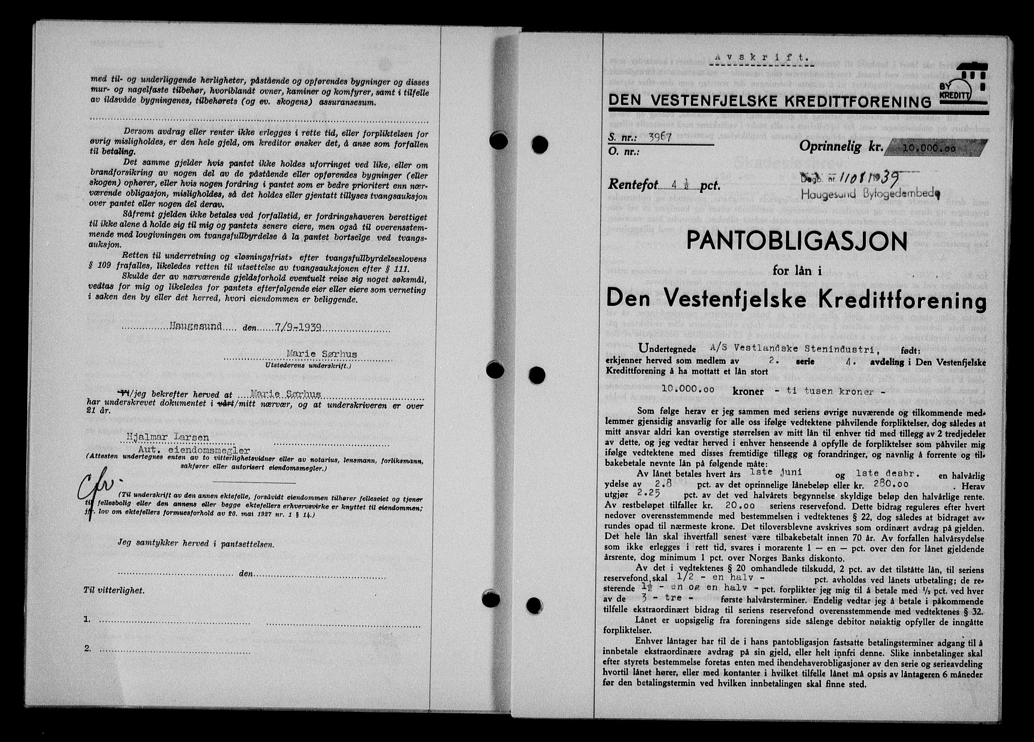 Haugesund tingrett, SAST/A-101415/01/II/IIC/L0032: Pantebok nr. 32, 1938-1939, Dagboknr: 1108/1939