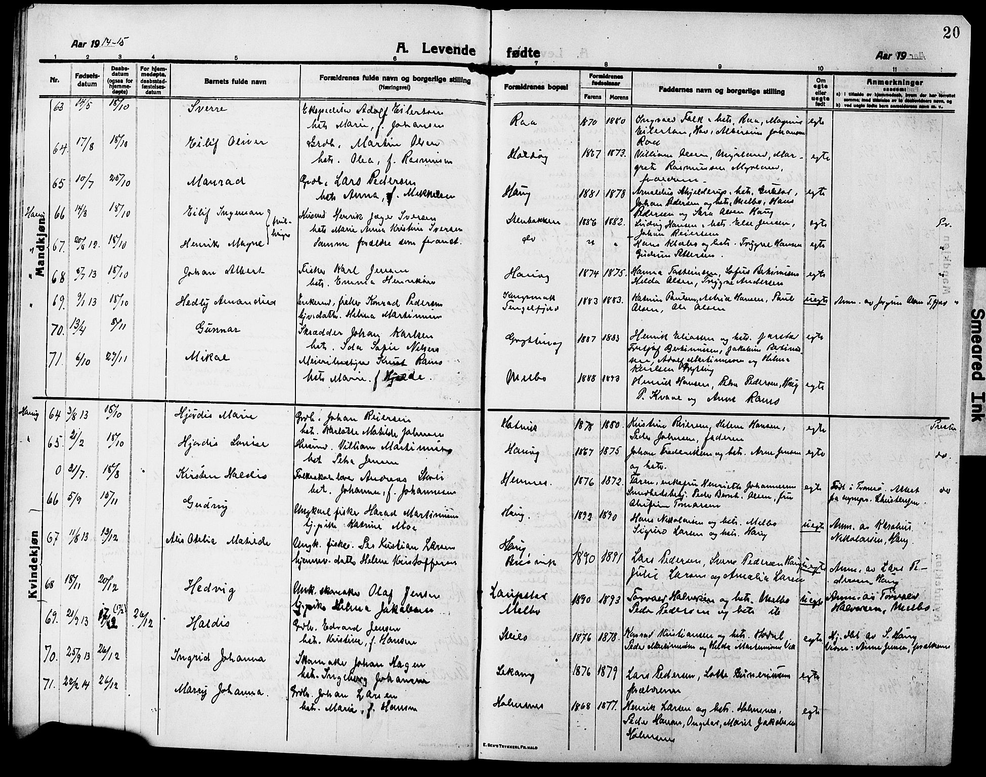 Ministerialprotokoller, klokkerbøker og fødselsregistre - Nordland, AV/SAT-A-1459/888/L1269: Klokkerbok nr. 888C07, 1913-1927, s. 20