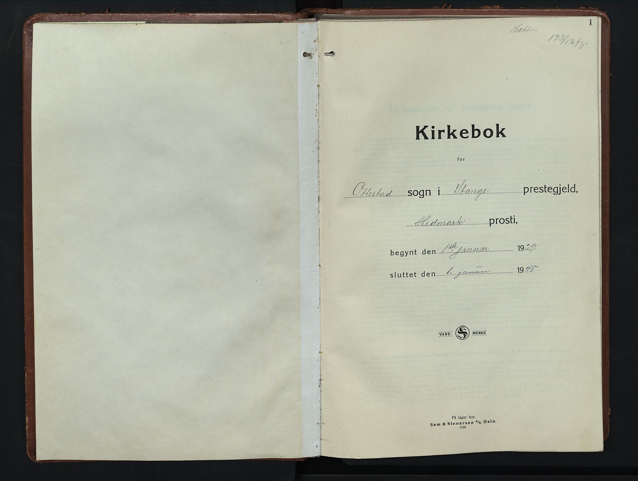 Stange prestekontor, SAH/PREST-002/L/L0019: Klokkerbok nr. 19, 1929-1947, s. 1