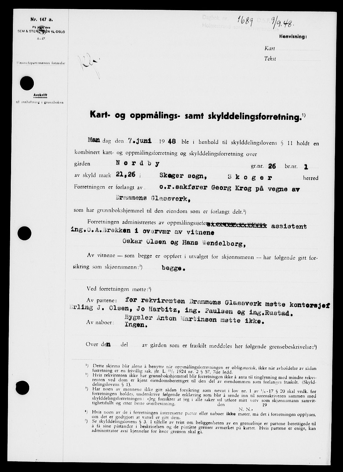 Holmestrand sorenskriveri, SAKO/A-67/G/Ga/Gaa/L0064: Pantebok nr. A-64, 1948-1948, Dagboknr: 1689/1948