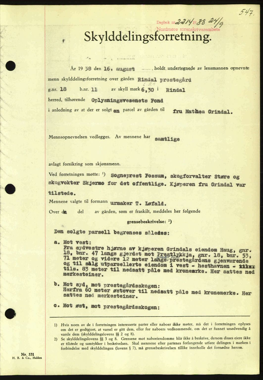 Nordmøre sorenskriveri, AV/SAT-A-4132/1/2/2Ca: Pantebok nr. A84, 1938-1938, Dagboknr: 2214/1938