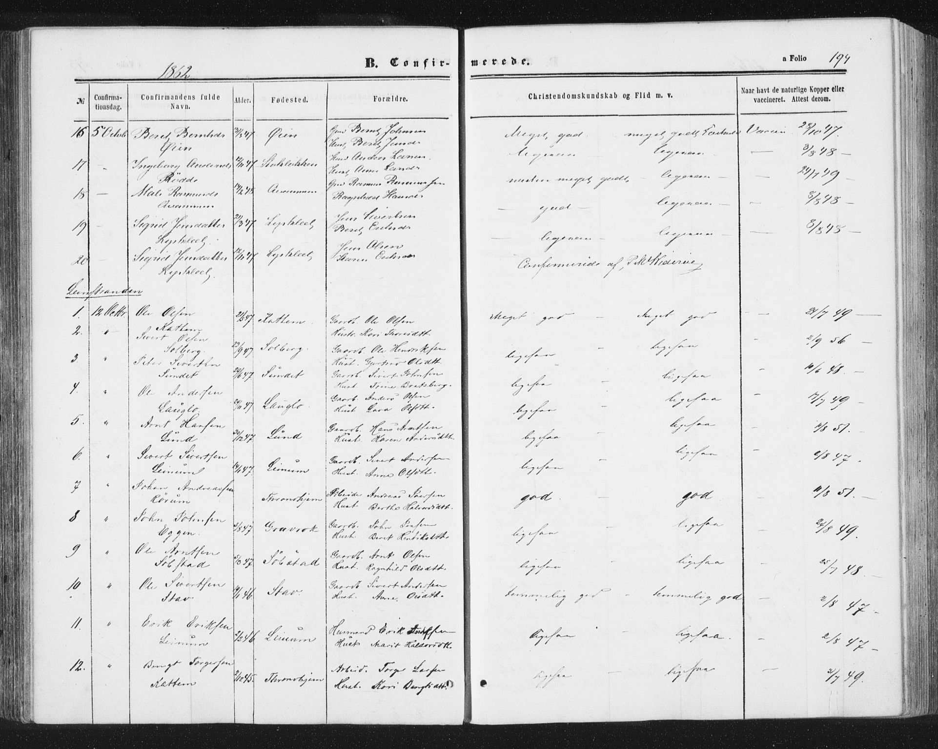 Ministerialprotokoller, klokkerbøker og fødselsregistre - Sør-Trøndelag, SAT/A-1456/691/L1077: Ministerialbok nr. 691A09, 1862-1873, s. 194