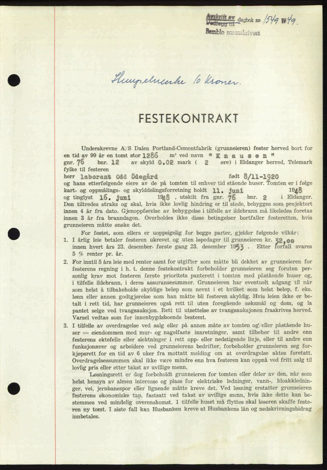 Bamble sorenskriveri, SAKO/A-214/G/Ga/Gag/L0015: Pantebok nr. A-15, 1949-1949, Dagboknr: 1549/1949