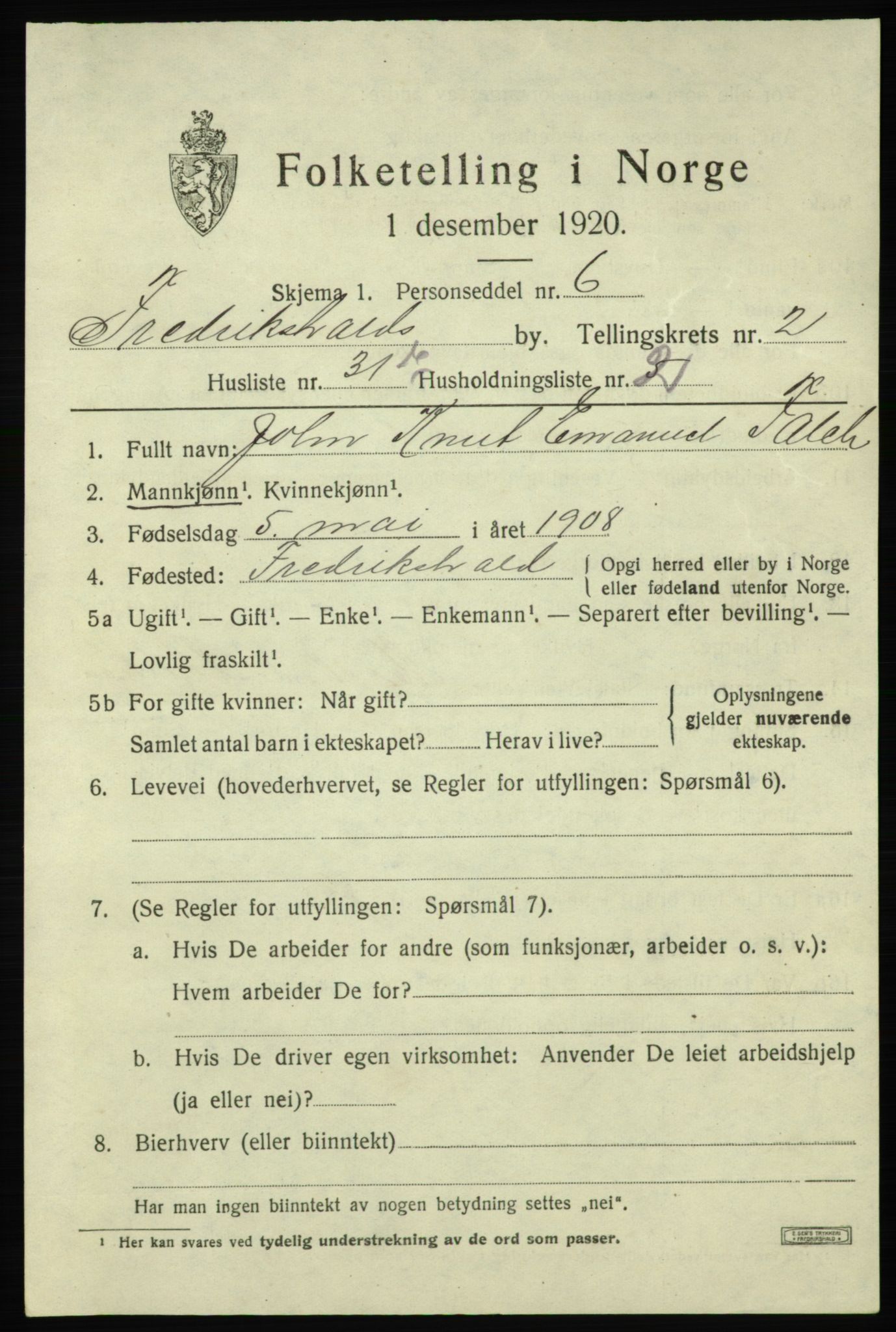 SAO, Folketelling 1920 for 0101 Fredrikshald kjøpstad, 1920, s. 10091