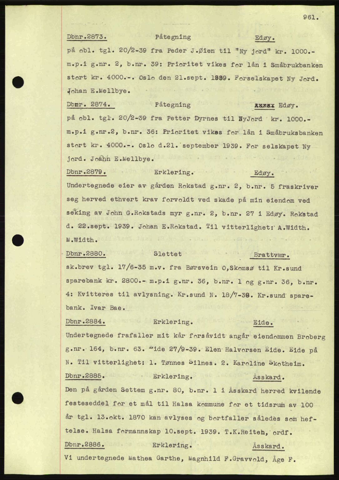 Nordmøre sorenskriveri, SAT/A-4132/1/2/2Ca: Pantebok nr. C80, 1936-1939, Dagboknr: 2873/1939