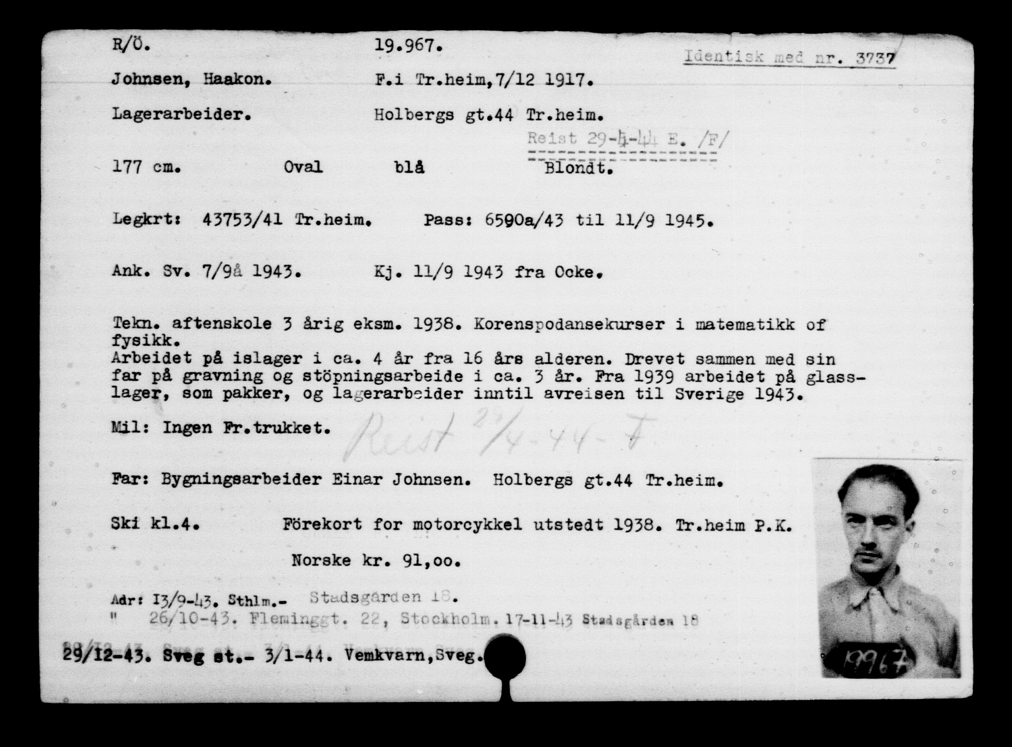 Utenriksstasjonene, Legasjonen i Stockholm, Flyktningkontoret, AV/RA-S-6753/V/Va/L0009: Kjesäterkartoteket, flyktninger med registreringsnr. 18502-22048, 1940-1945, s. 1626