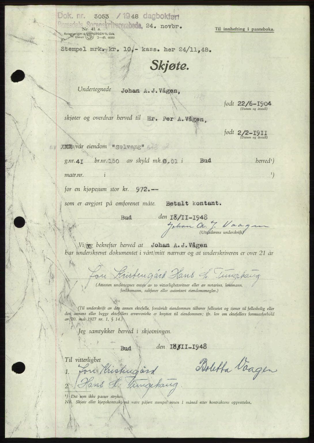 Romsdal sorenskriveri, AV/SAT-A-4149/1/2/2C: Pantebok nr. A27, 1948-1948, Dagboknr: 3053/1948