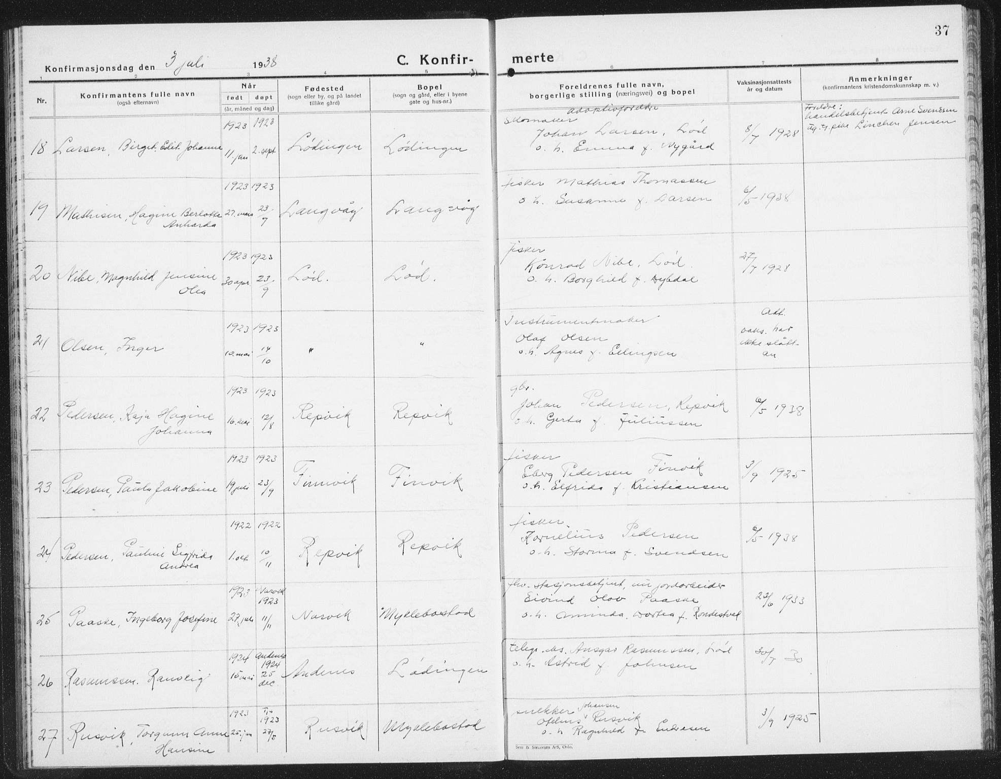 Ministerialprotokoller, klokkerbøker og fødselsregistre - Nordland, AV/SAT-A-1459/872/L1050: Klokkerbok nr. 872C06, 1932-1942, s. 37