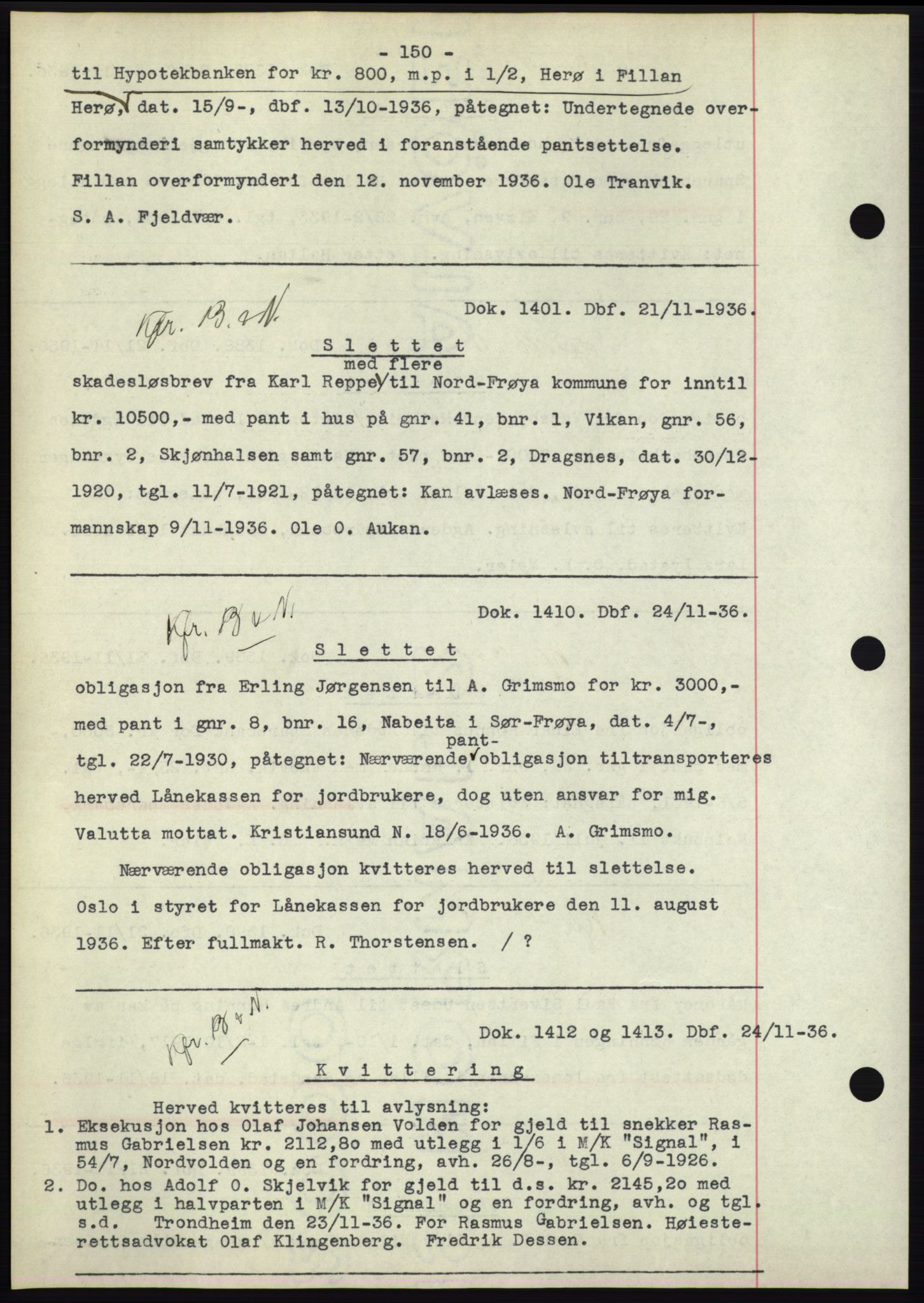 Hitra sorenskriveri, AV/SAT-A-0018/2/2C/2Ca: Pantebok nr. C1, 1936-1945, Dagboknr: 1401/1936