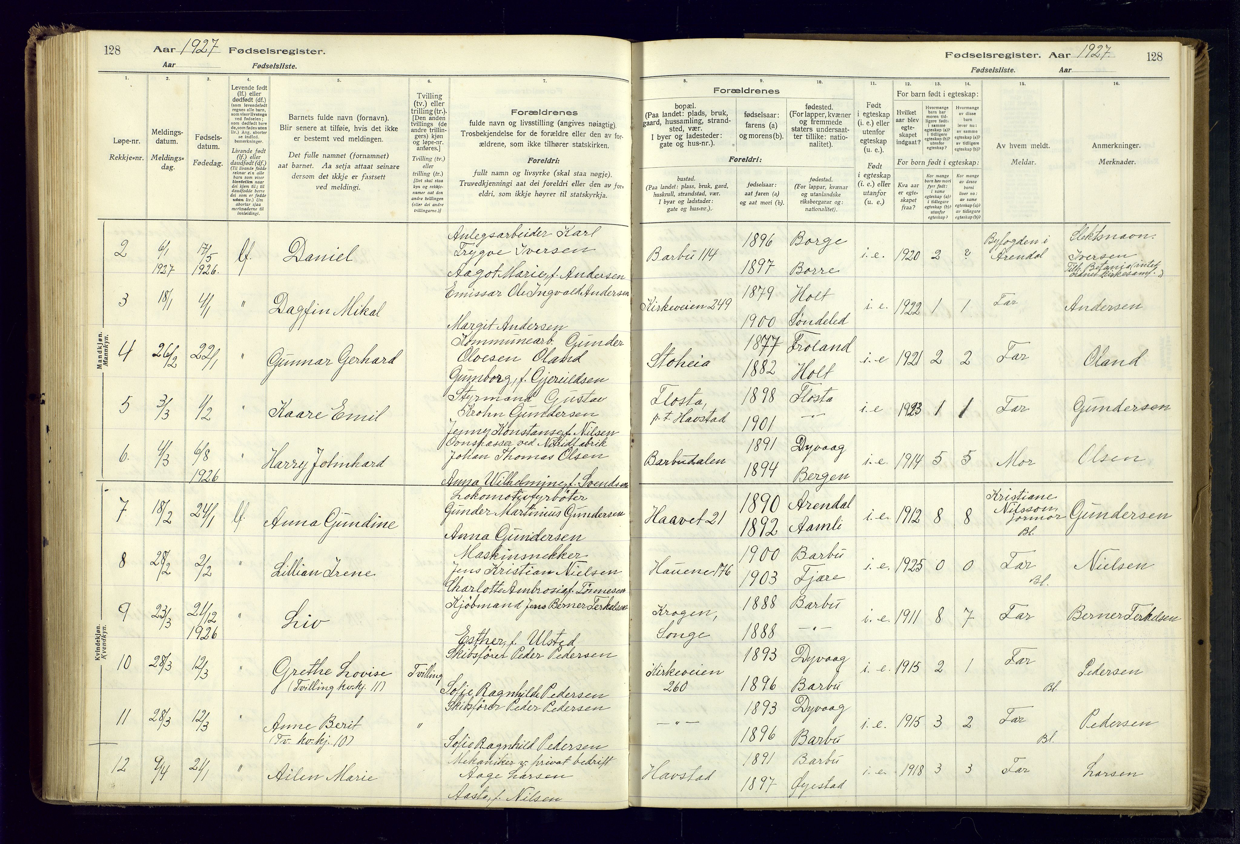 Barbu sokneprestkontor, AV/SAK-1111-0003/J/Ja/L0001: Fødselsregister nr. A-VIII-1, 1916-1937, s. 128