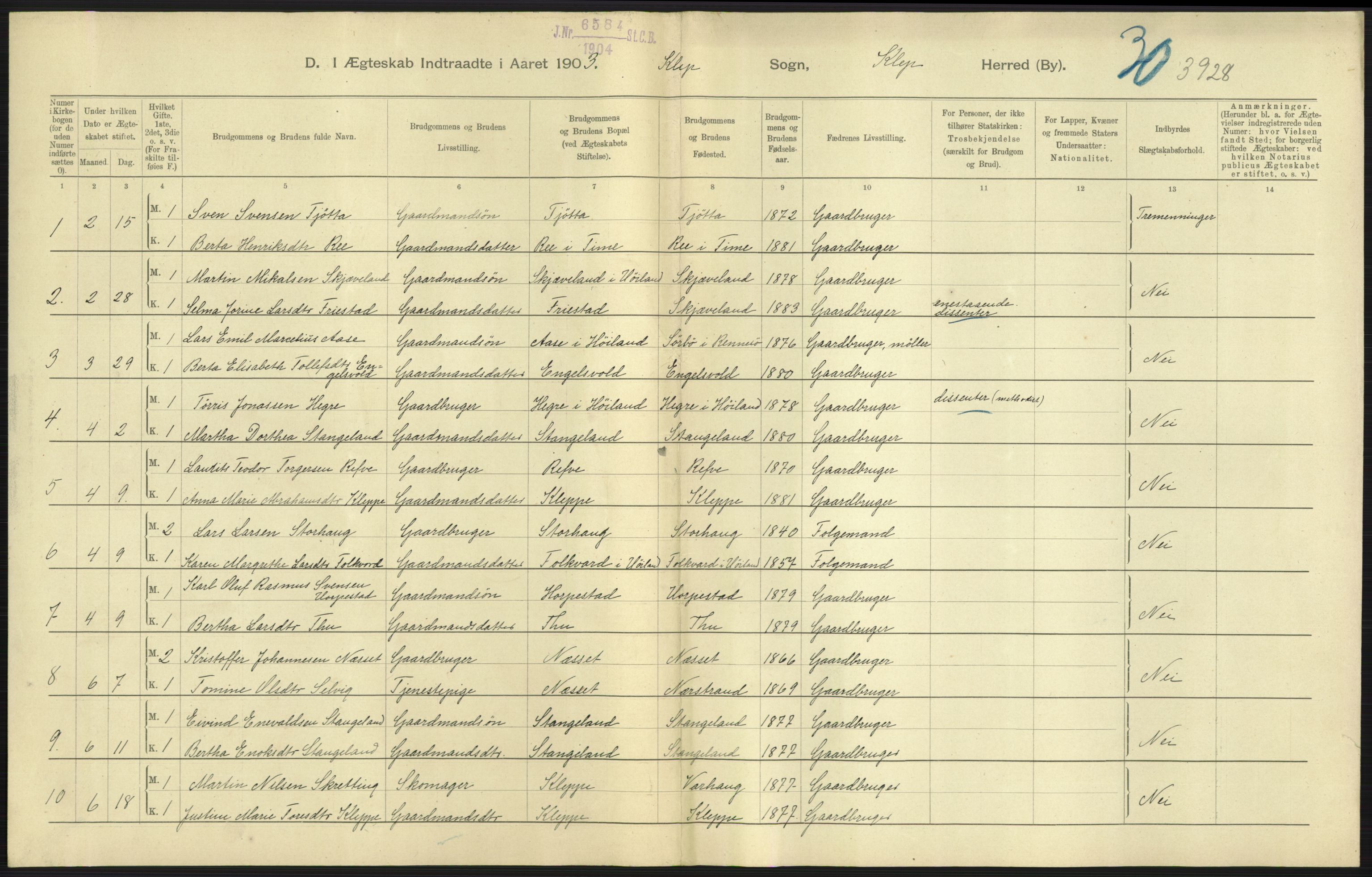 Statistisk sentralbyrå, Sosiodemografiske emner, Befolkning, AV/RA-S-2228/D/Df/Dfa/Dfaa/L0012: Stavanger amt: Fødte, gifte, døde, 1903, s. 489