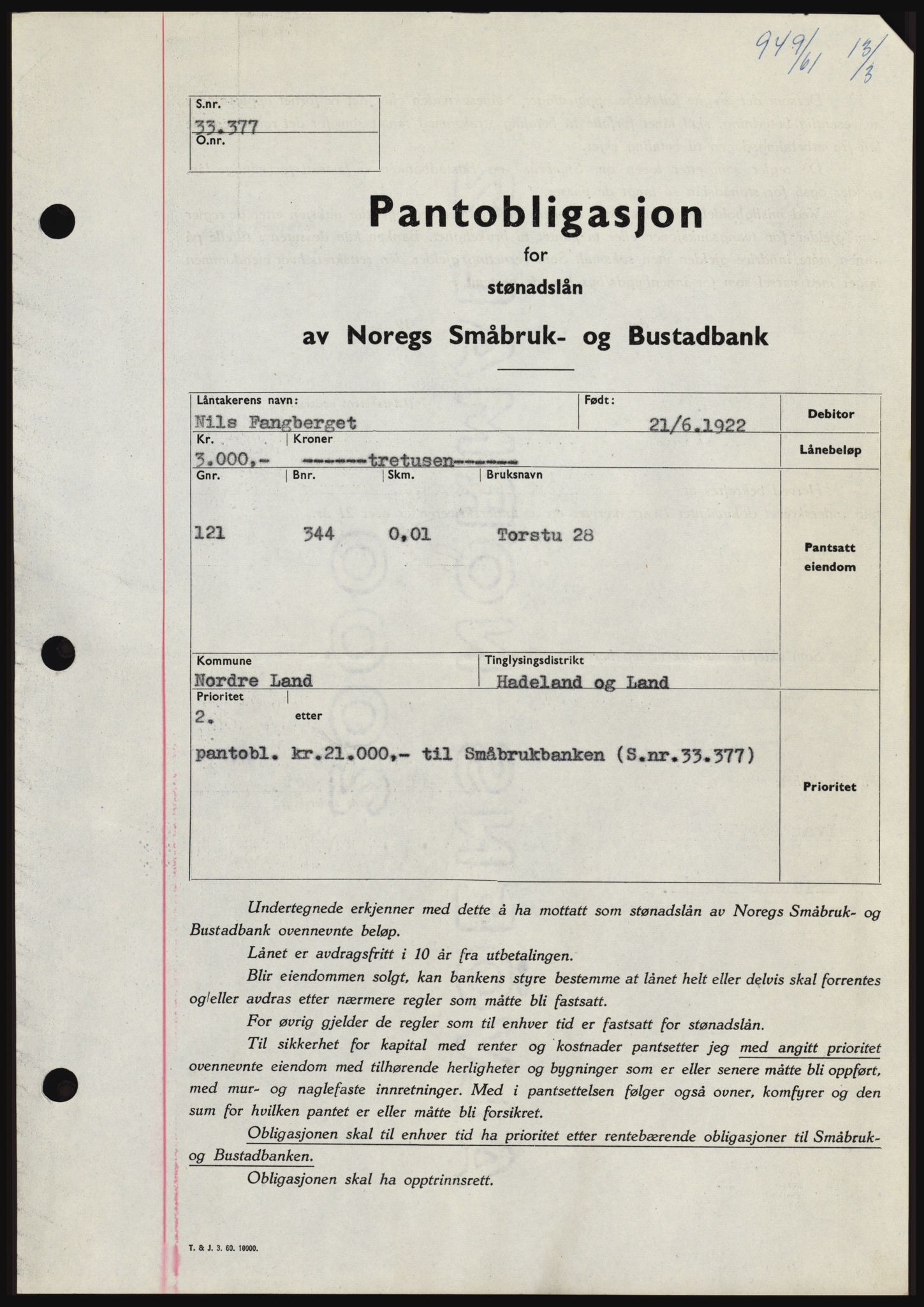 Hadeland og Land tingrett, SAH/TING-010/H/Hb/Hbc/L0045: Pantebok nr. B45, 1961-1961, Dagboknr: 949/1961