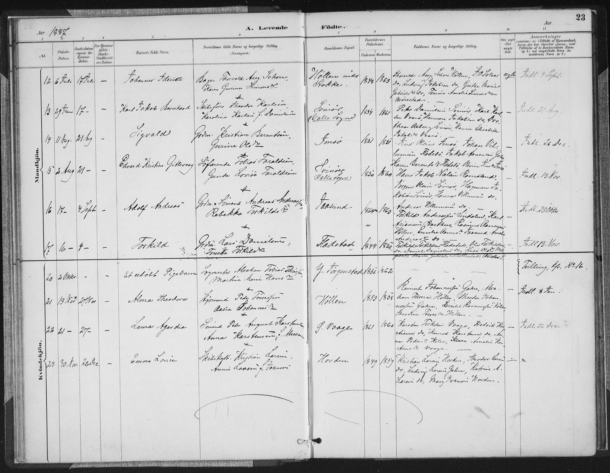 Sør-Audnedal sokneprestkontor, AV/SAK-1111-0039/F/Fa/Faa/L0004: Ministerialbok nr. A 4, 1884-1909, s. 23