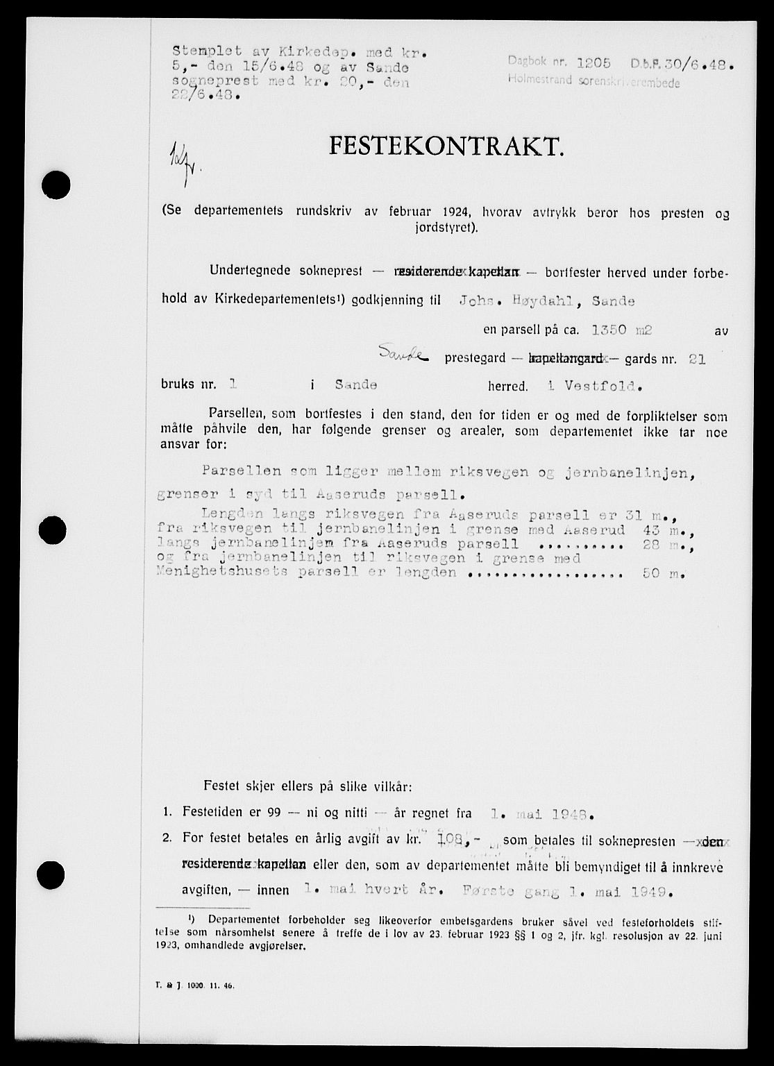 Holmestrand sorenskriveri, SAKO/A-67/G/Ga/Gaa/L0064: Pantebok nr. A-64, 1948-1948, Dagboknr: 1205/1948
