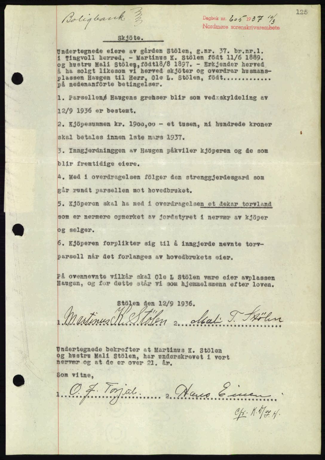 Nordmøre sorenskriveri, SAT/A-4132/1/2/2Ca: Pantebok nr. A81, 1937-1937, Dagboknr: 605/1937
