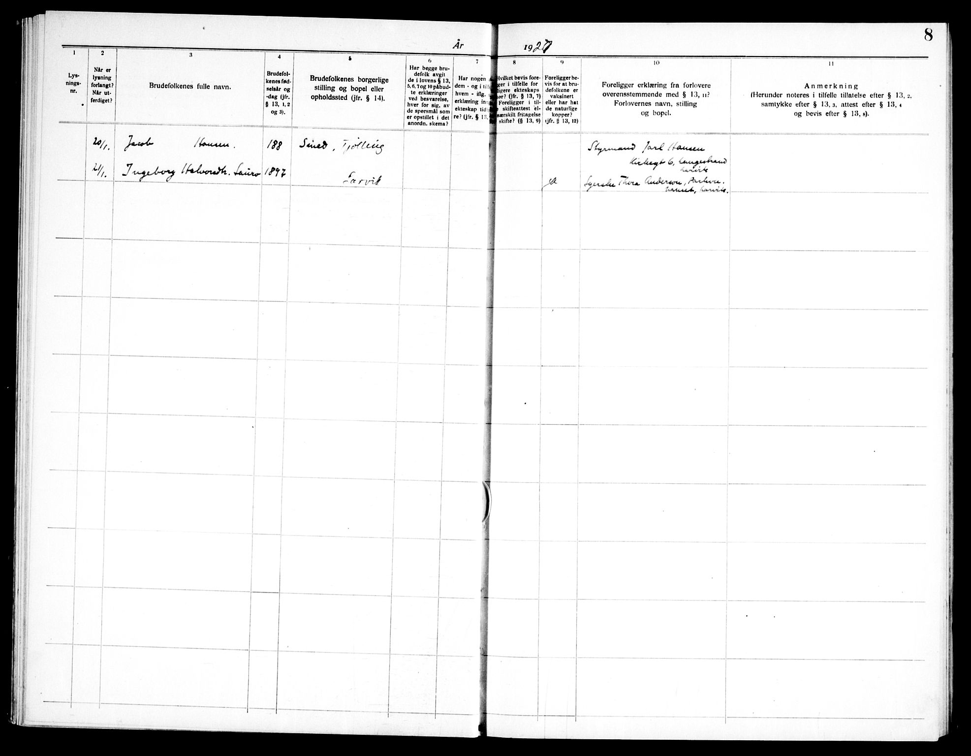 Døves menighet Oslo prestekontor kirkebøker, AV/SAO-A-11064/H/L0001: Lysningsprotokoll nr. 1, 1919-1972, s. 8