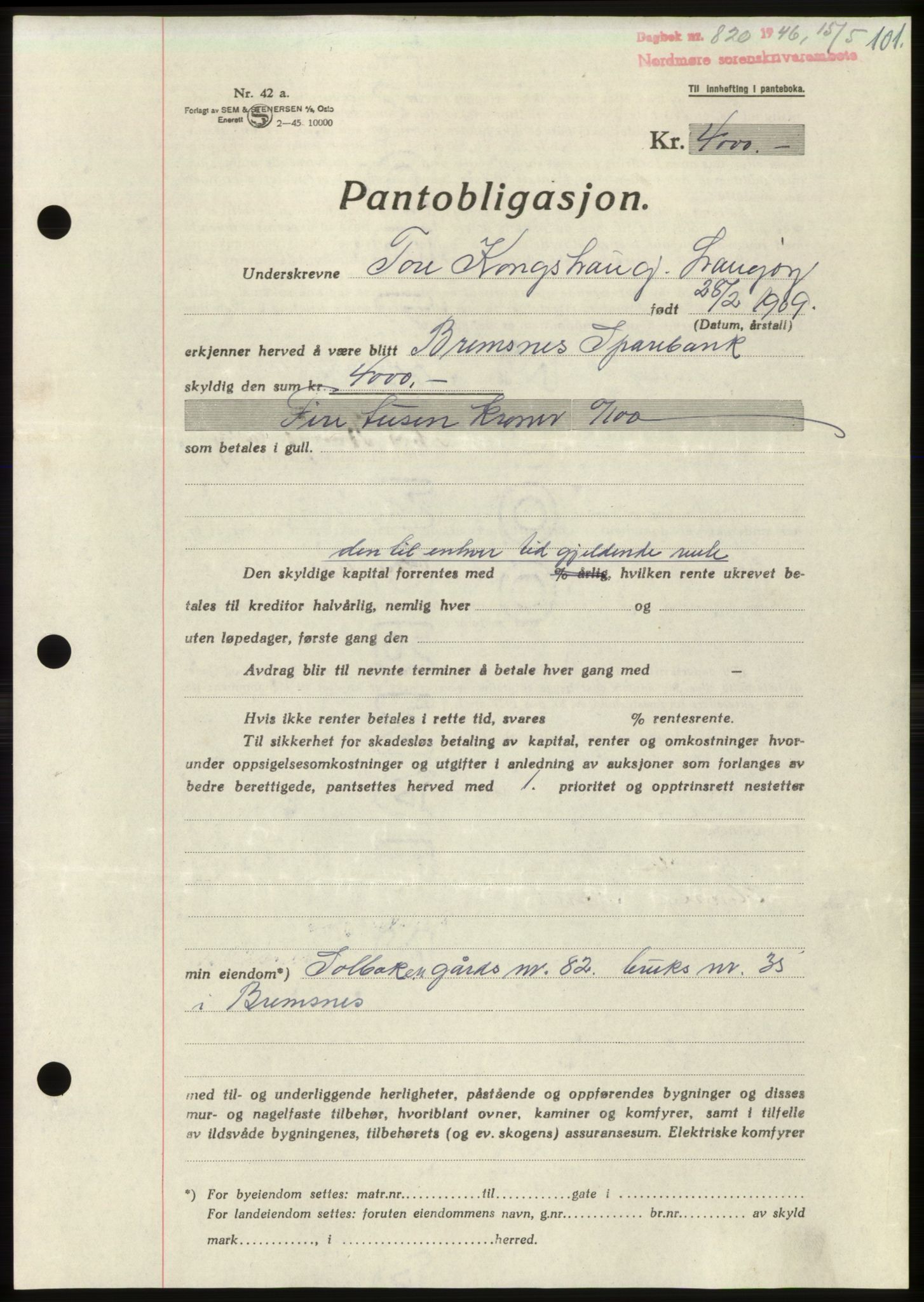 Nordmøre sorenskriveri, SAT/A-4132/1/2/2Ca: Pantebok nr. B94, 1946-1946, Dagboknr: 820/1946